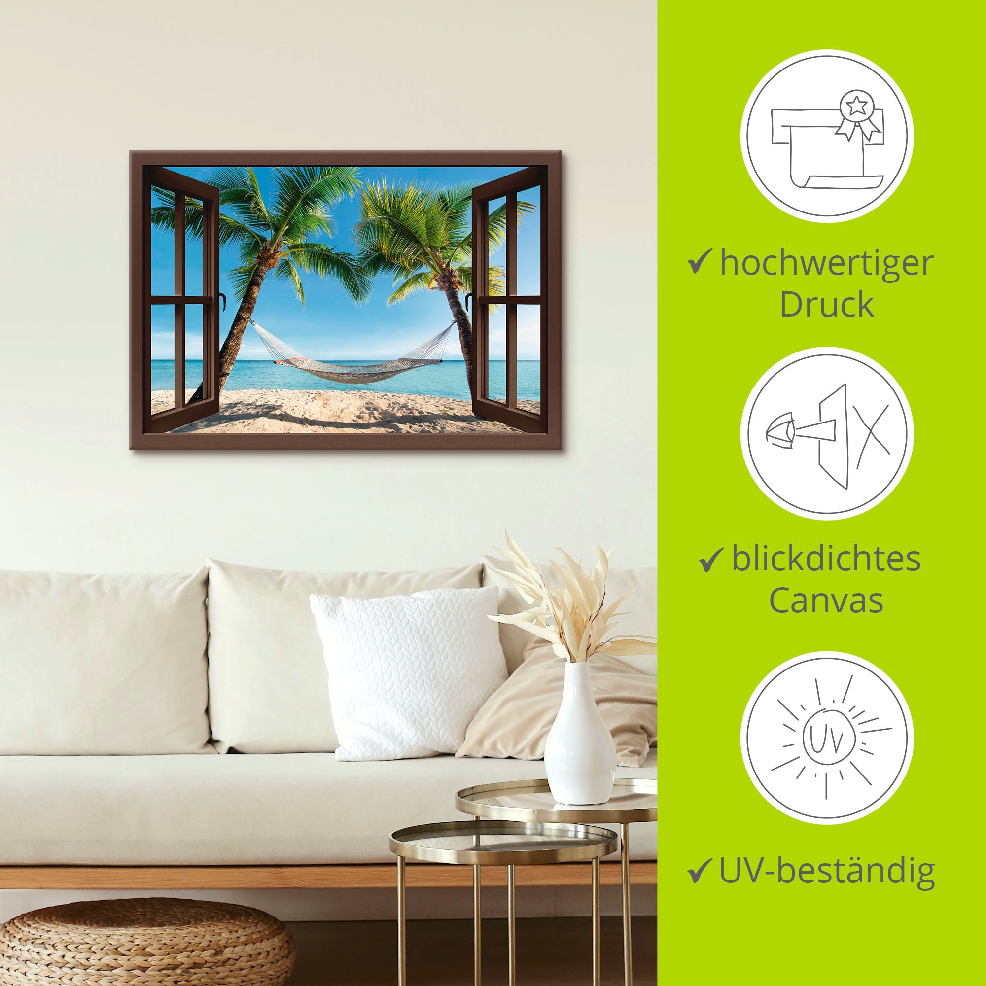 Artland Wandbild »Fensterblick Palmenstrand Karibik«, Amerika, (1 St.), als Leinwandbild, Poster, Wandaufkleber in verschied. Größen