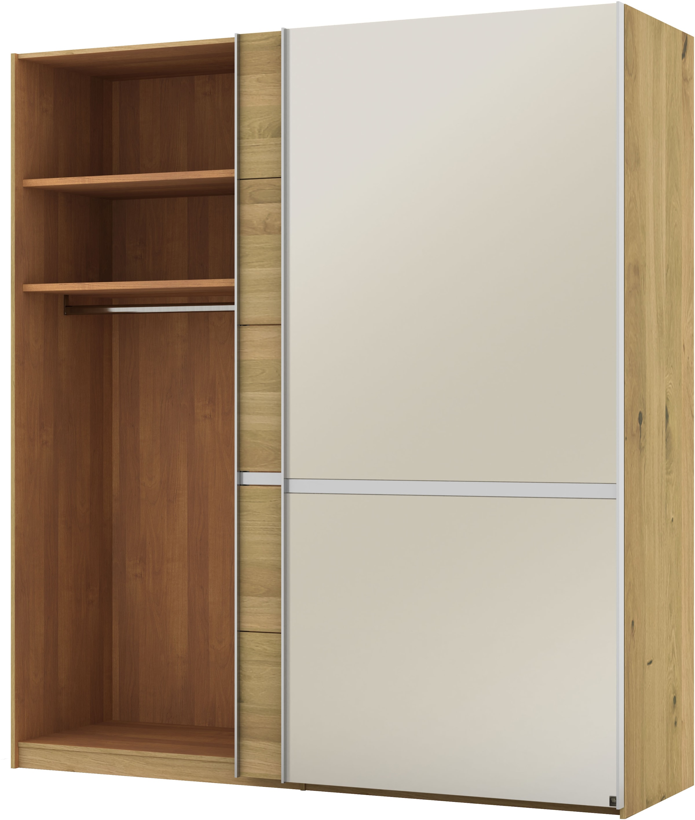 Musterring Schwebetürenschrank »Savona, Kleiderschrank, Schrank, Garderobe, mit Schiebetüren«, (Teilmassiv Bianco-Eiche, mit Spiegel oder Glas, MADE IN GERMANY), Türen Bianco-Eiche massiv, Spiegel-/Glastüren, eingelegte Chromleiste
