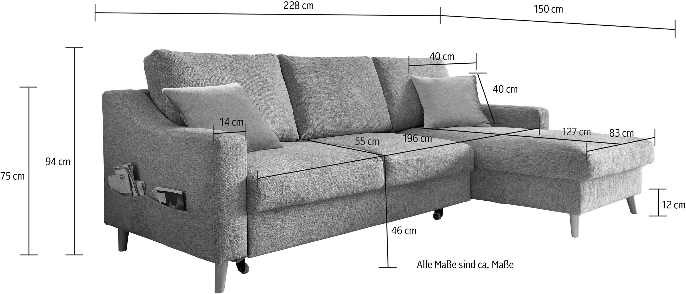 INOSIGN Ecksofa »Valentina L-Form«, 2 Zierkissen, mit Seitentasche, ausziehbarer Liegefläche, Bettkasten