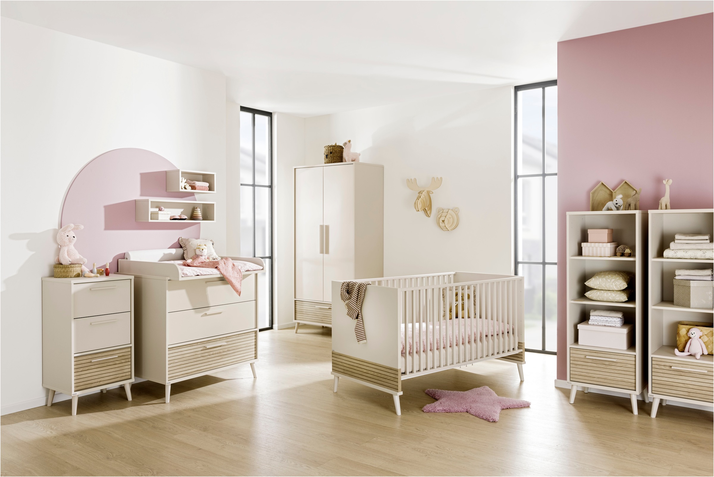 PAIDI Highboard »EEFJE, Regal in modernem Design, Cashmere-Beige mit Groovy-Oak«, (B/H/T ca. 48x93x41cm), Schubladen in unterschiedlichem Design wählbar
