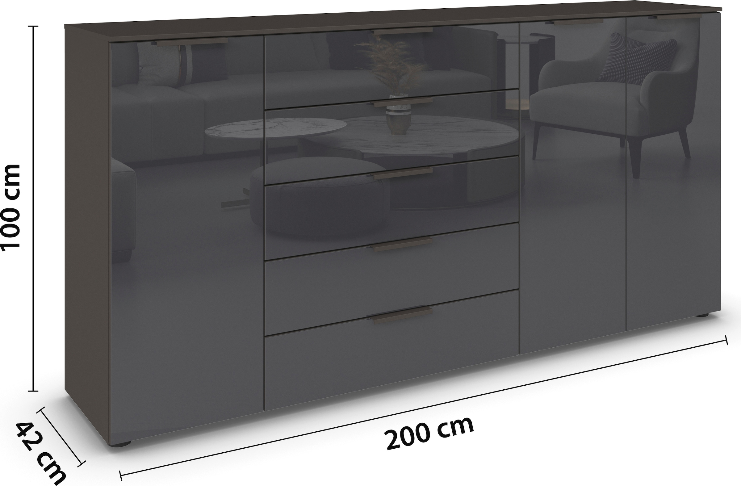 rauch Kombikommode »Kommode Türkommode Sideboard Kombikommode FLIPP mit Glasfront«, (Breite 200 cm mit 4 Einlegeböden), 3-türig mit 5 Schubladen und Soft-Close-Funktion sowie Glasfront