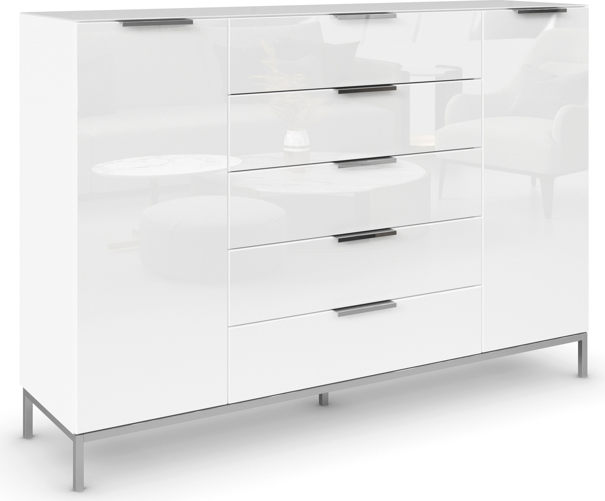 rauch Schubkastenkommode »Kommode Türkommode Sideboard Kombikommode FLIPP mit Glasfront«, (Breite 160/180 cm mit 4 Einlegeböden), 2-türig, 5 Schubladen, Soft-Close, Oberboden und Front Glas, 2 Breiten