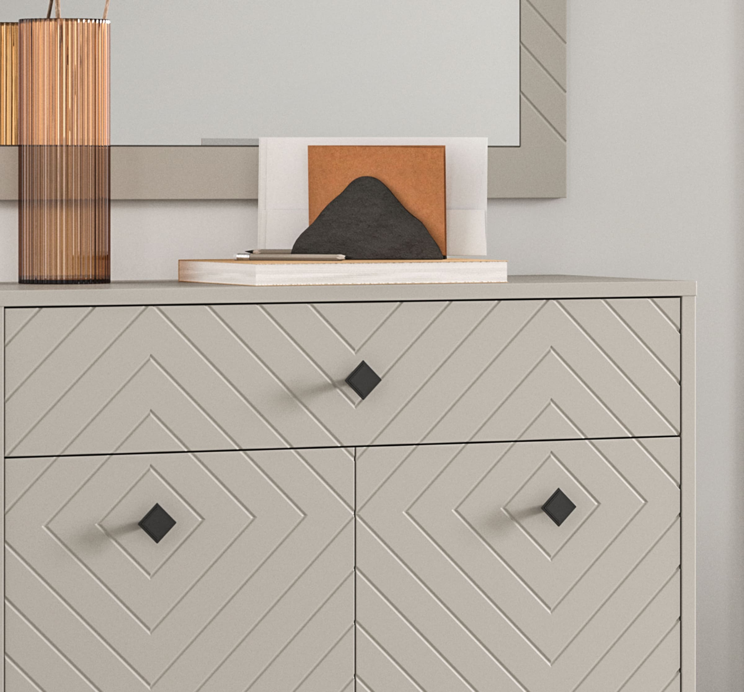INOSIGN Garderoben-Set »Mento, 5-teilig, Ornamentfräsung in der Front, bestehend aus:«, (Set, 5 St.), Schuhkommode, Spiegel, Sitzbank, Garderobenpaneel, Garderobenschrank