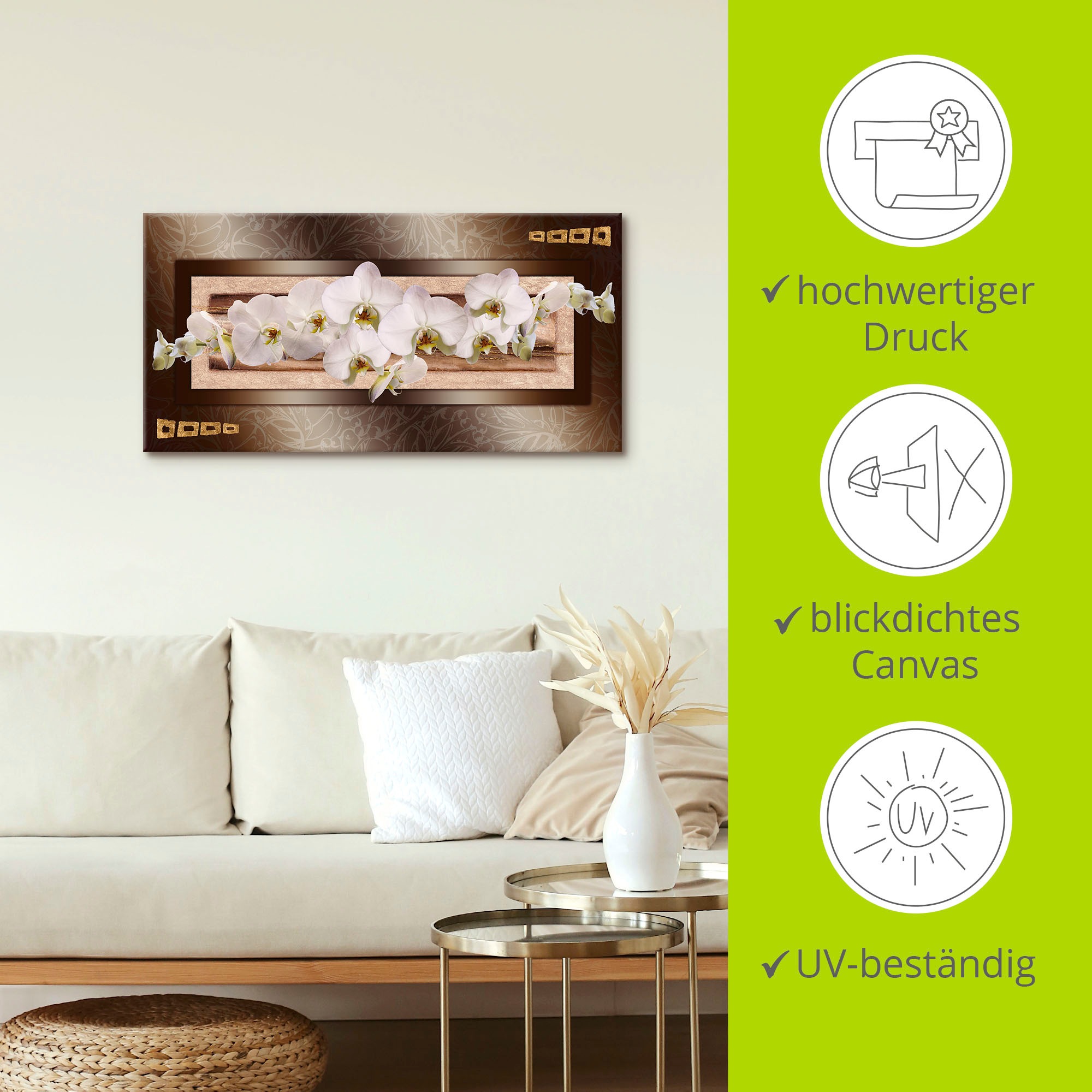 Artland Leinwandbild »Weiße Orchideen mit goldenen Vierecken«, Blumen, (1 St.), auf Keilrahmen gespannt