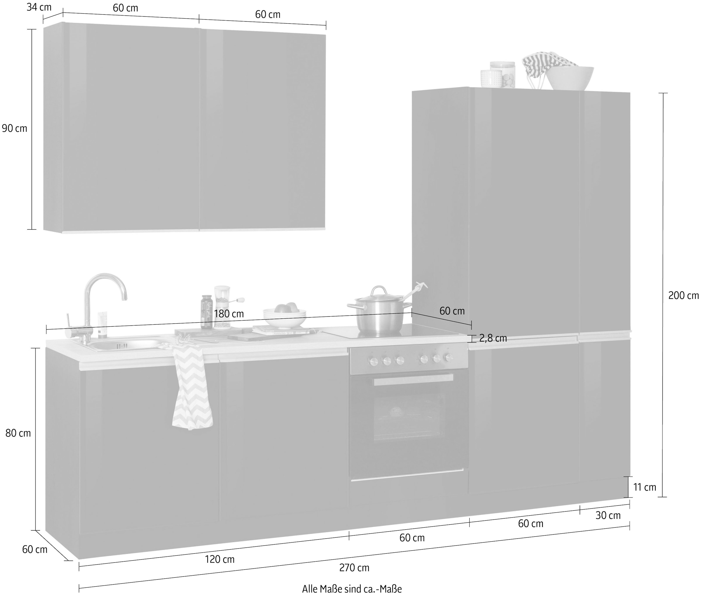KOCHSTATION Küchenzeile »KS-Ohio«, ohne E-Geräte, Breite 270 cm