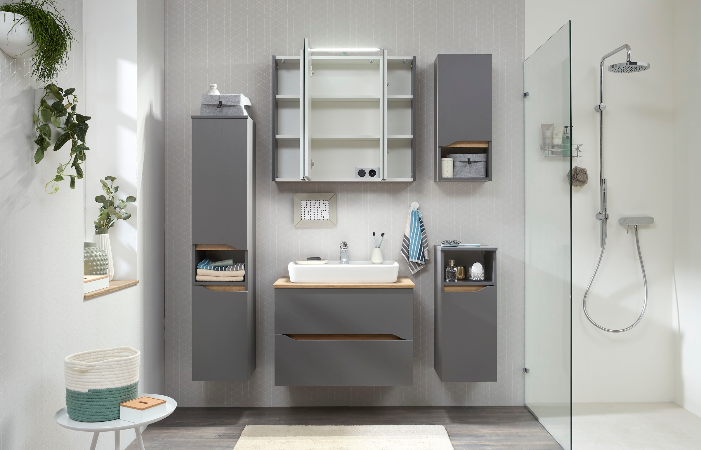 Saphir Badmöbel-Set »Quickset 5-teilig, Keramik-Aufsatzbecken und LED-Spiegelschrank«, (7 St.), Midischrank, Unterschrank, Hängeschrank, inkl. Türdämpfer, 7 Türen