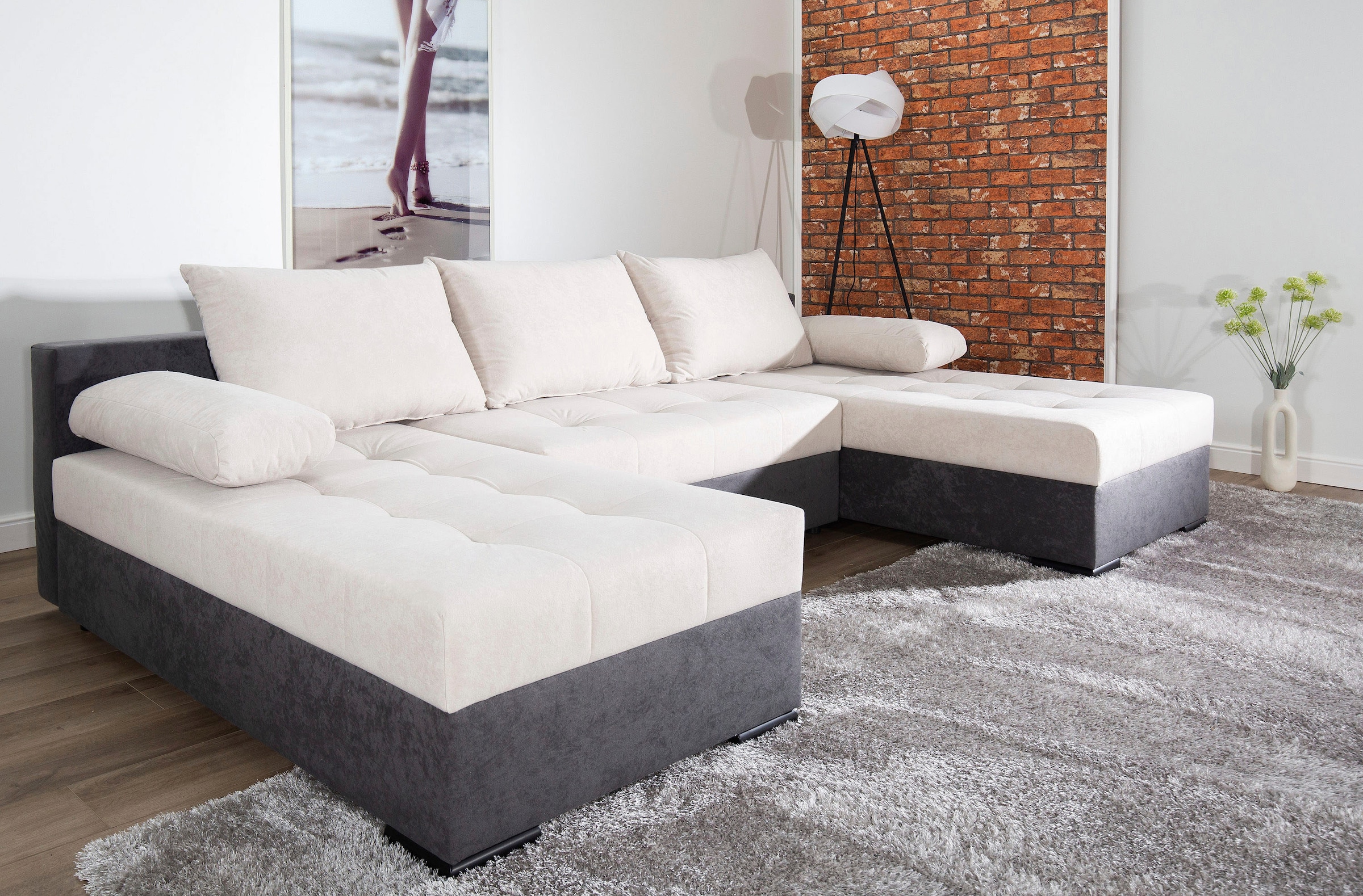 COLLECTION AB Wohnlandschaft »Josy U-Form, Breite 269 cm, Flachgewebe, Struktur, Cord & Cord/Mix«, (Cord-/Mix), inkl. Bettfunktion, Bettkasten, mit 3 gleich großen Rückenkissen