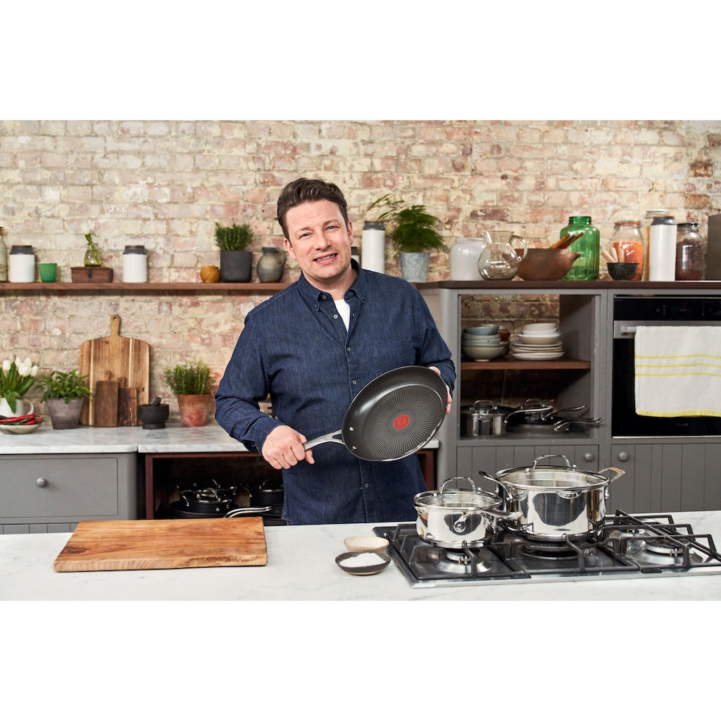 Tefal Pfannen-Set »Tefal E304S3 Jamie Oliver Cook's Direct On Edelstahlpfanne, 3-Teiliges Pfannen-Set, Ø 20/24/28 cm, Antihaft-Versiegelung, Temperaturanzeiger Thermo-Signal, Genieteter Griff Für Sicheren Halt, Induktionspfanne« 