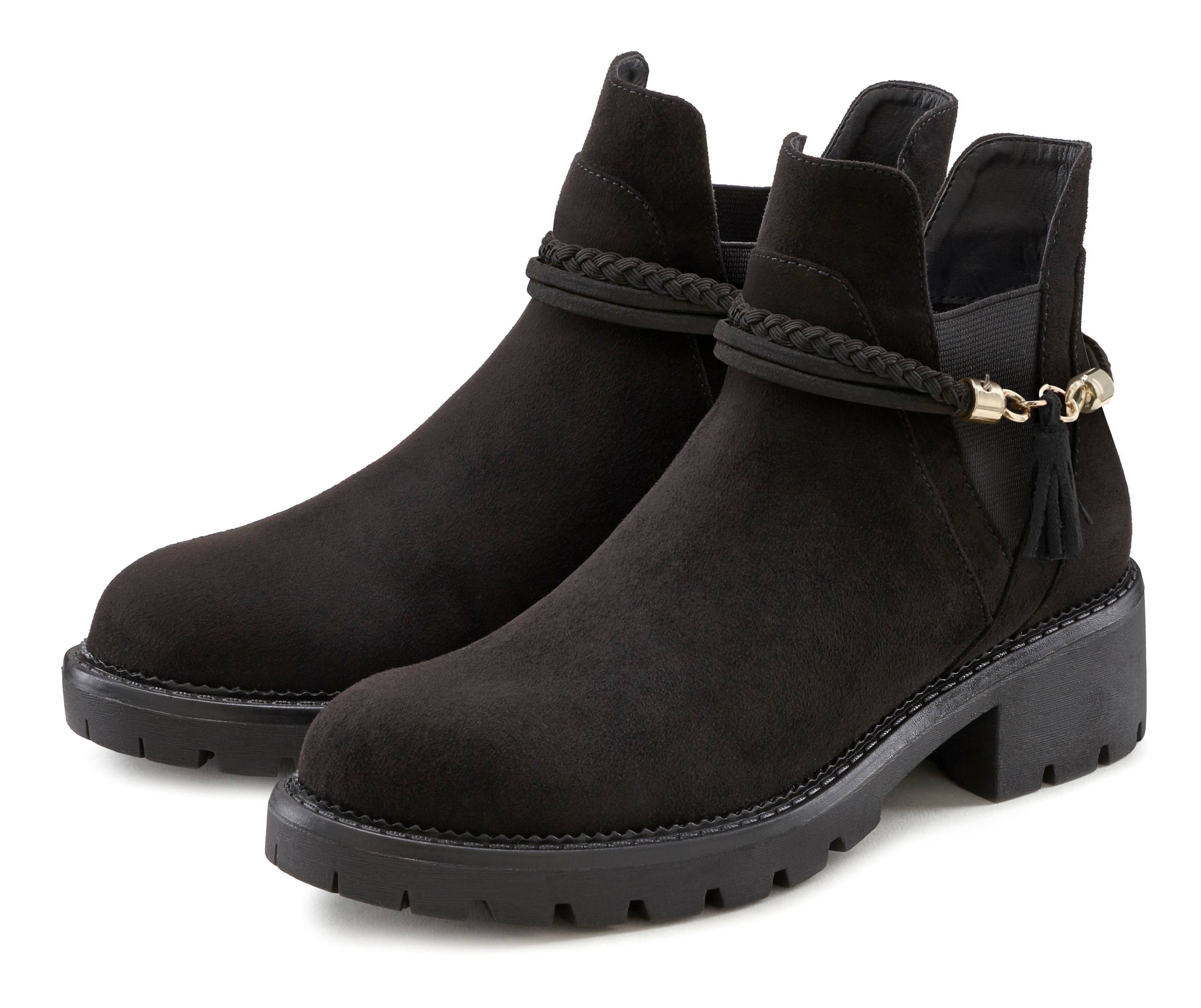 LASCANA Chelseaboots, mit abnehmbarem Band und Chunky-Sohle, Ankle Boots, Stiefelette
