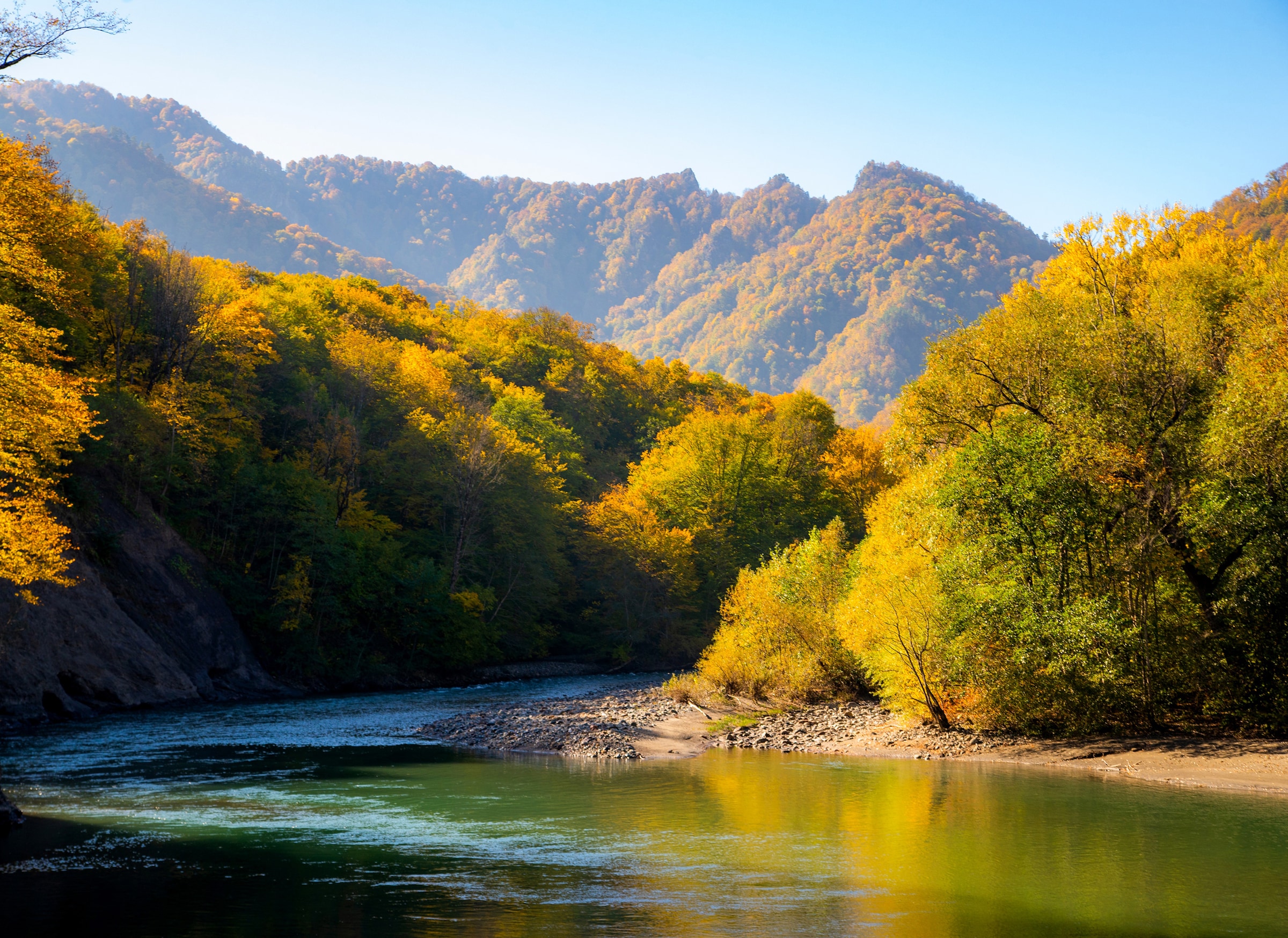 Papermoon Fototapete »Autumn Mountain Forest River« glatt günstig online kaufen