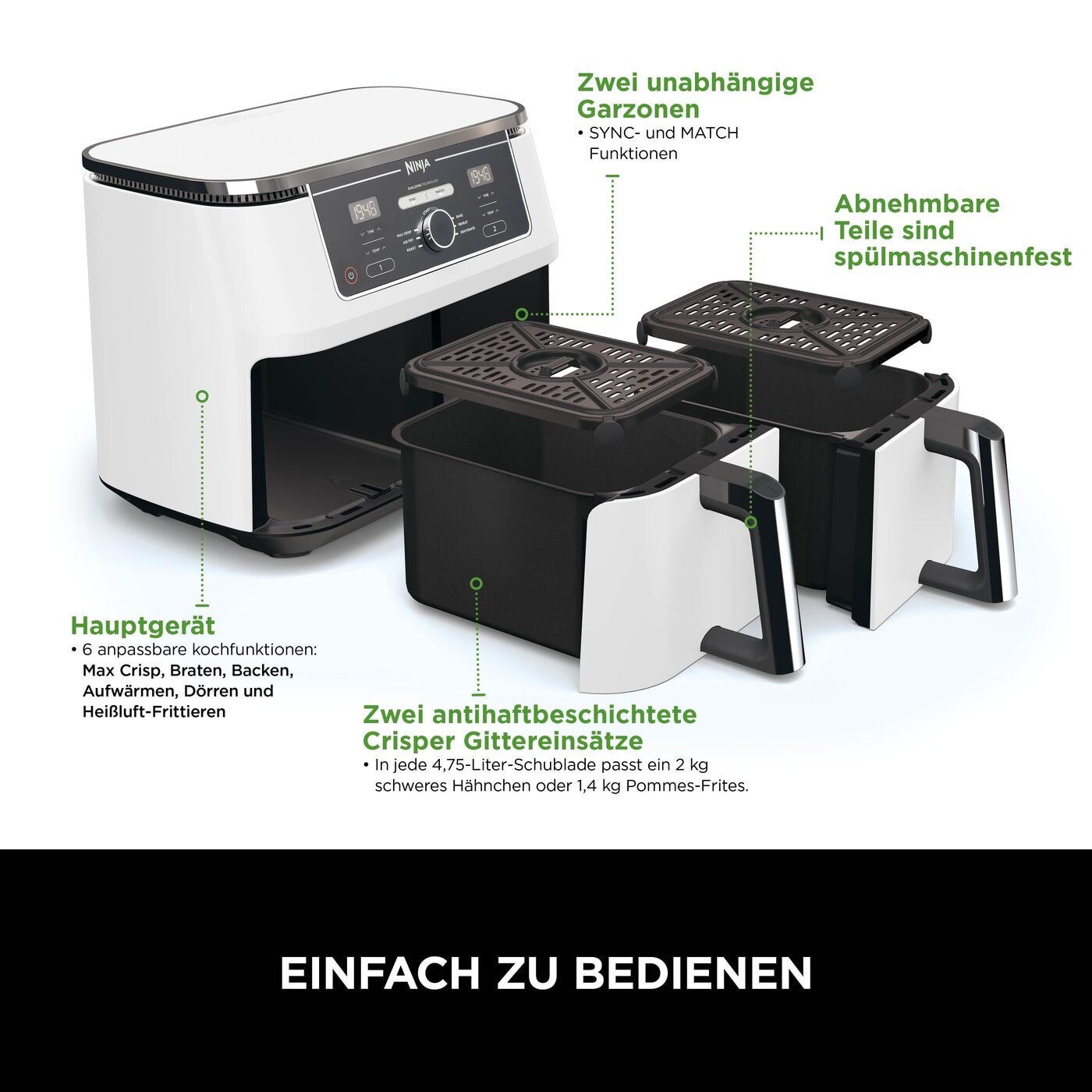 NINJA Heißluftfritteuse »Foodi MAX Dual Zone Heißluftfritteuse AF400EUWH« 2470 W Zwei Gerichte auf zwei Arten gleichzeitig garen
