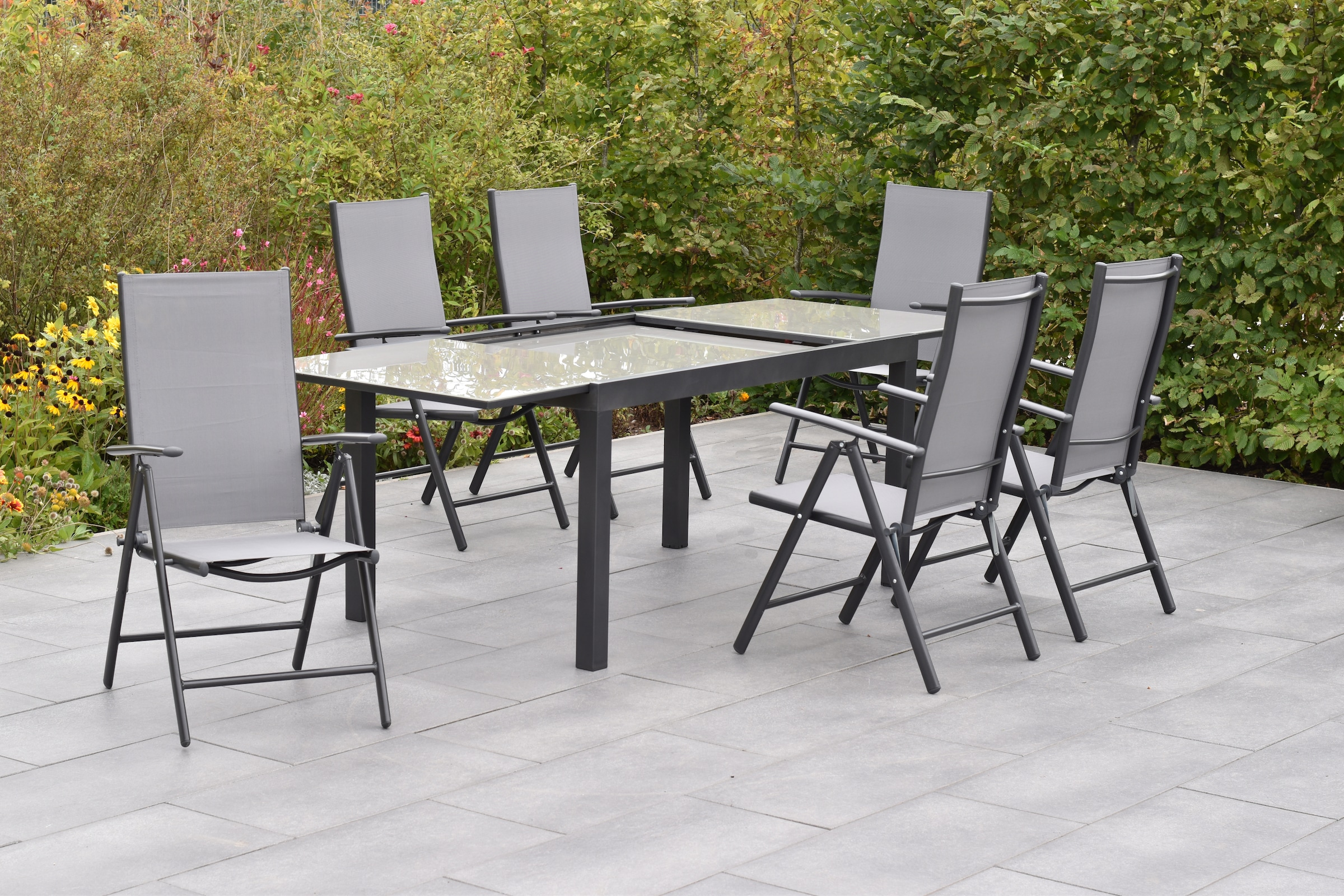 MERXX Garten-Essgruppe »»Amalfi««, (Set, 7 tlg., 5-fach verstellbare Rückenlehne), Ausziehtisch: LxB: 200-300 x 110 cm
