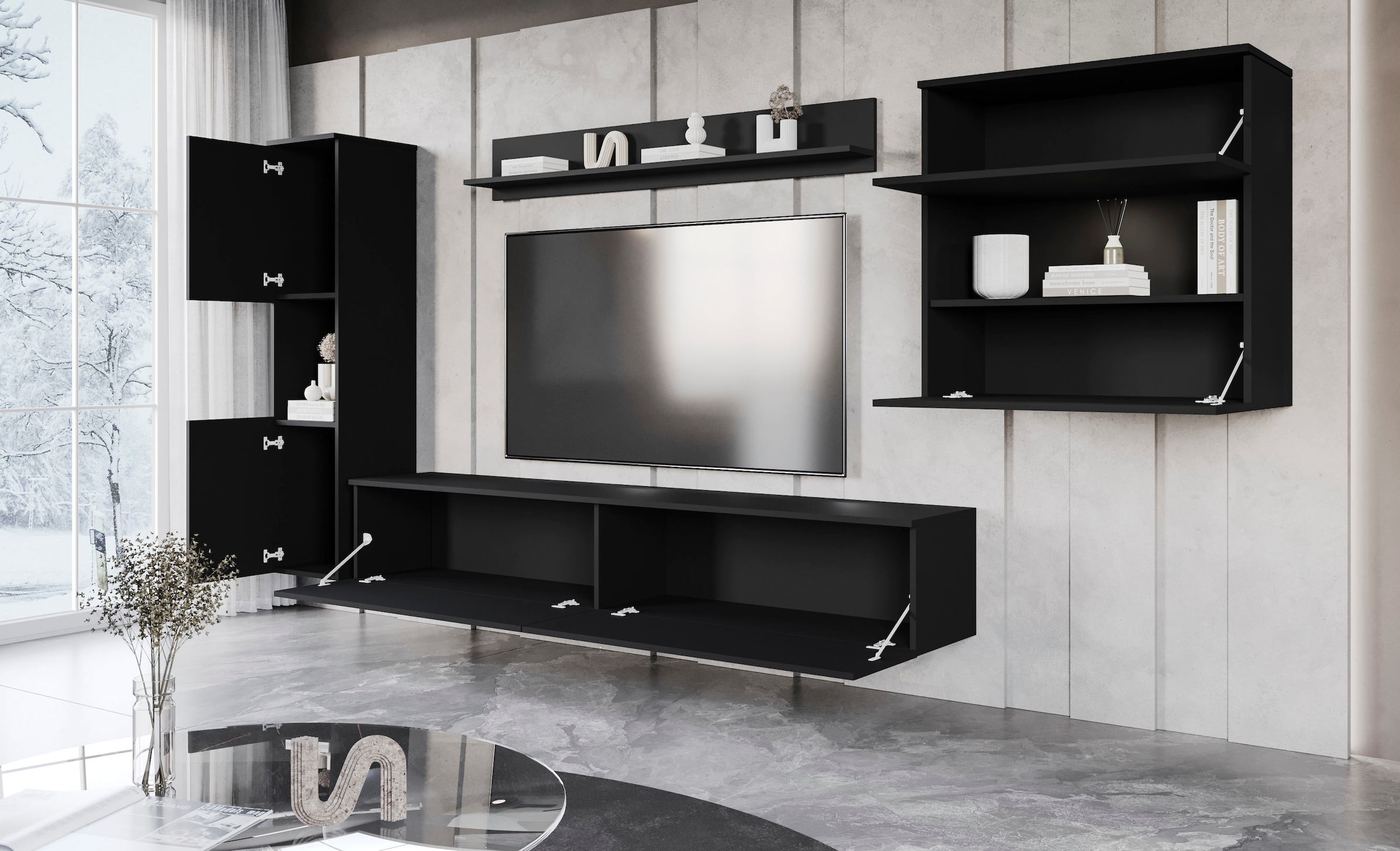 INOSIGN Wohnwand »PARIS, Vitrine Türanschlag links/rechts wechselbar«, (Komplett-Set, 4 St.), grifflose Design, stehend und hängend montierbar