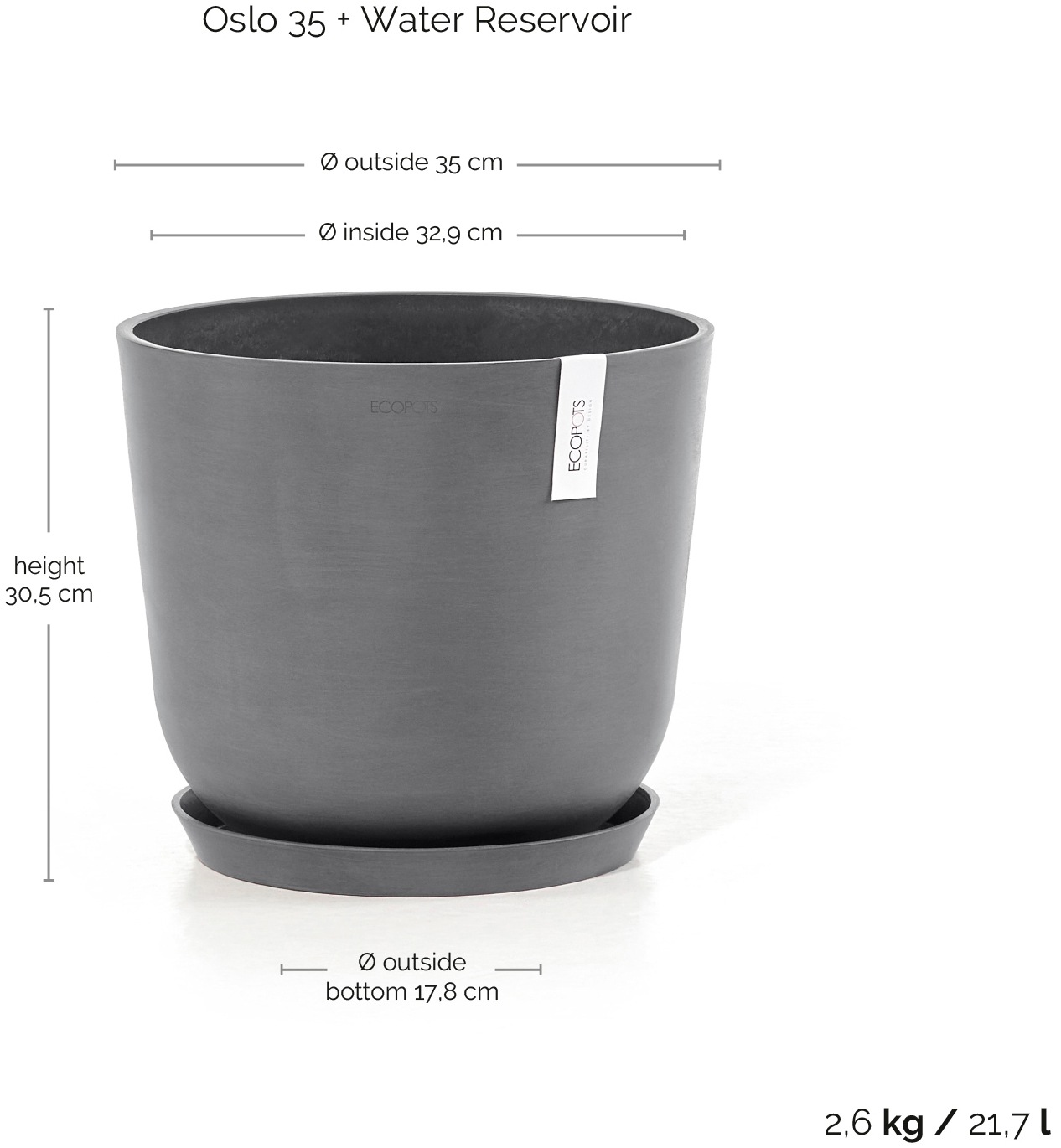 ECOPOTS Blumentopf »Oslo 35 + Wassersystem Grau«, für innen und außen: frostsicher, bruchsicher und lichtbeständig