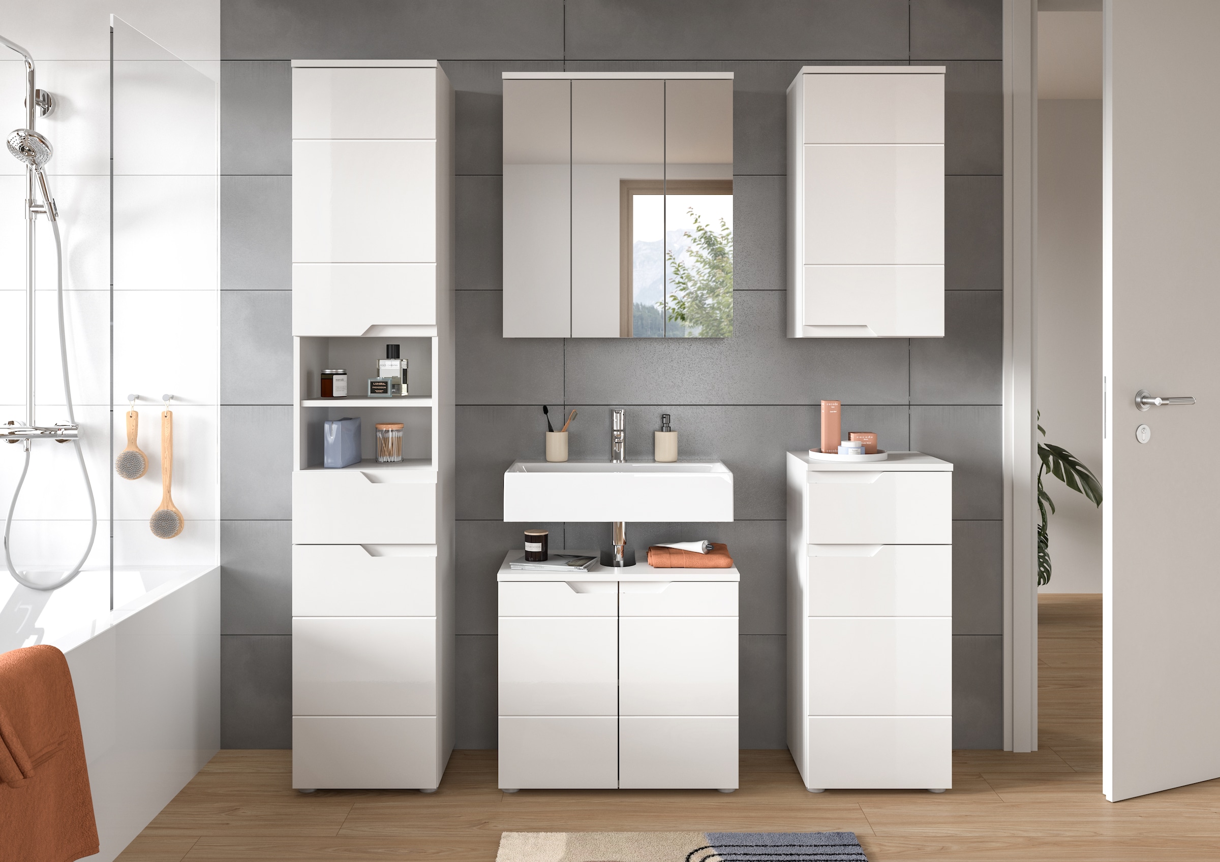 INOSIGN Badmöbel-Set »CAPRI, 5-teilig, mit eingefasster Griffmulde, bestehend aus:«, Hochschrank, WBU, Spiegelschrank, Unterschrank und Hängeschrank