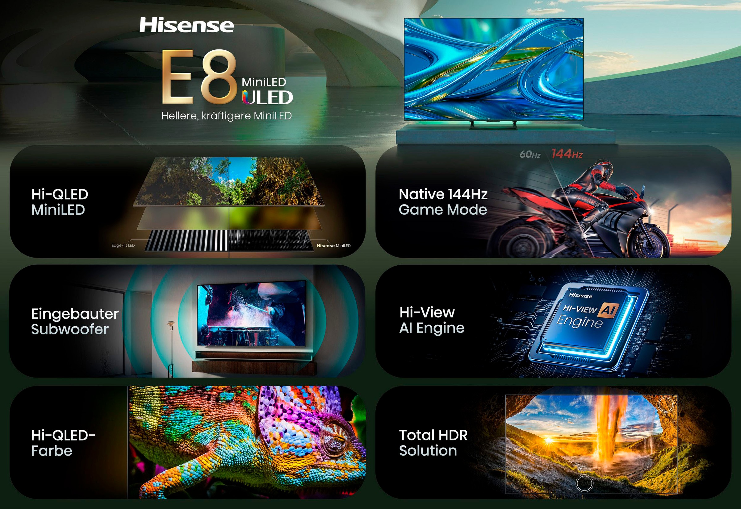 Hisense Mini-LED-Fernseher »55E8S« 139 cm/55 ″ Smart-TV inkl. HS2000 Soundbar im Wert von UVP €129