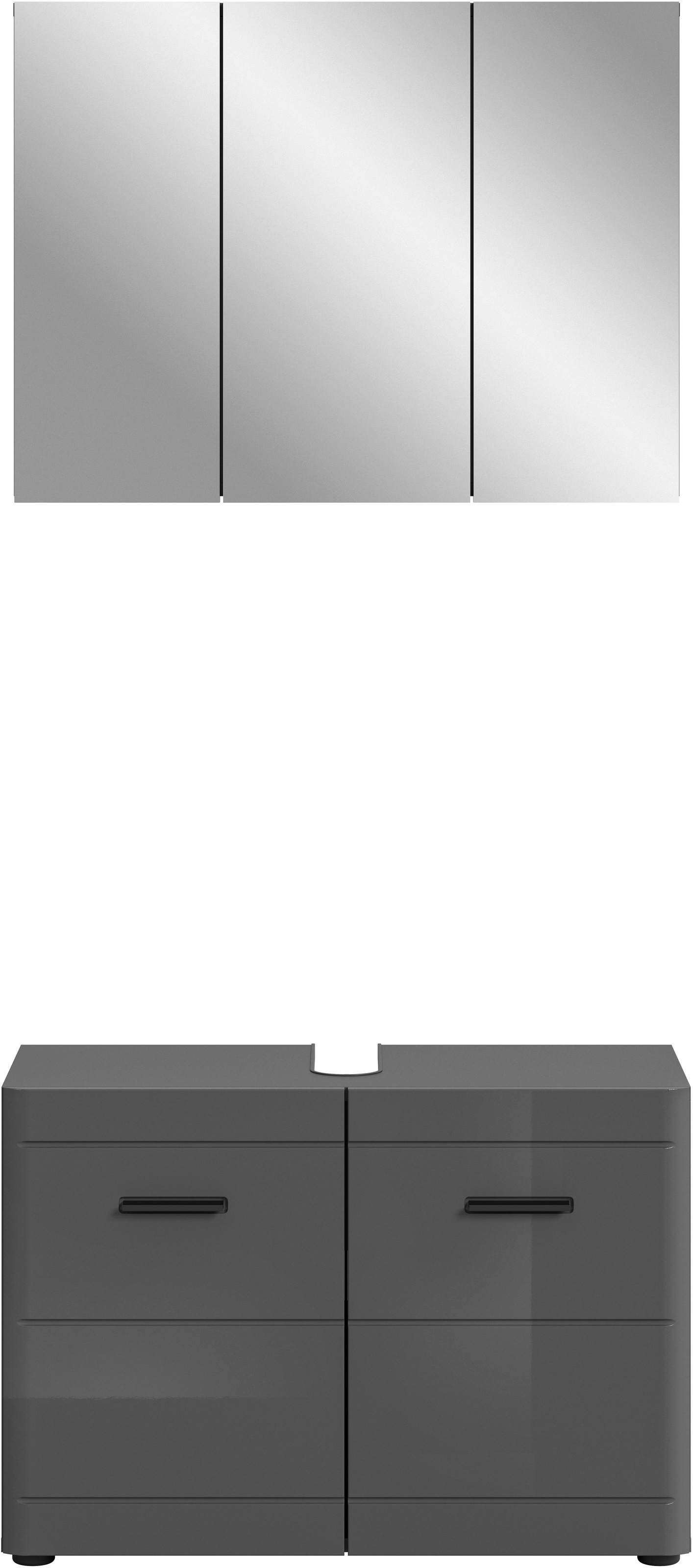 welltime Badmöbel-Set »Doux, bestehend aus: Waschbeckenunterschrank und Spiegelschrank«, (2 St.), hochwertige hochglanz MDF Front mit Rillenfräsung