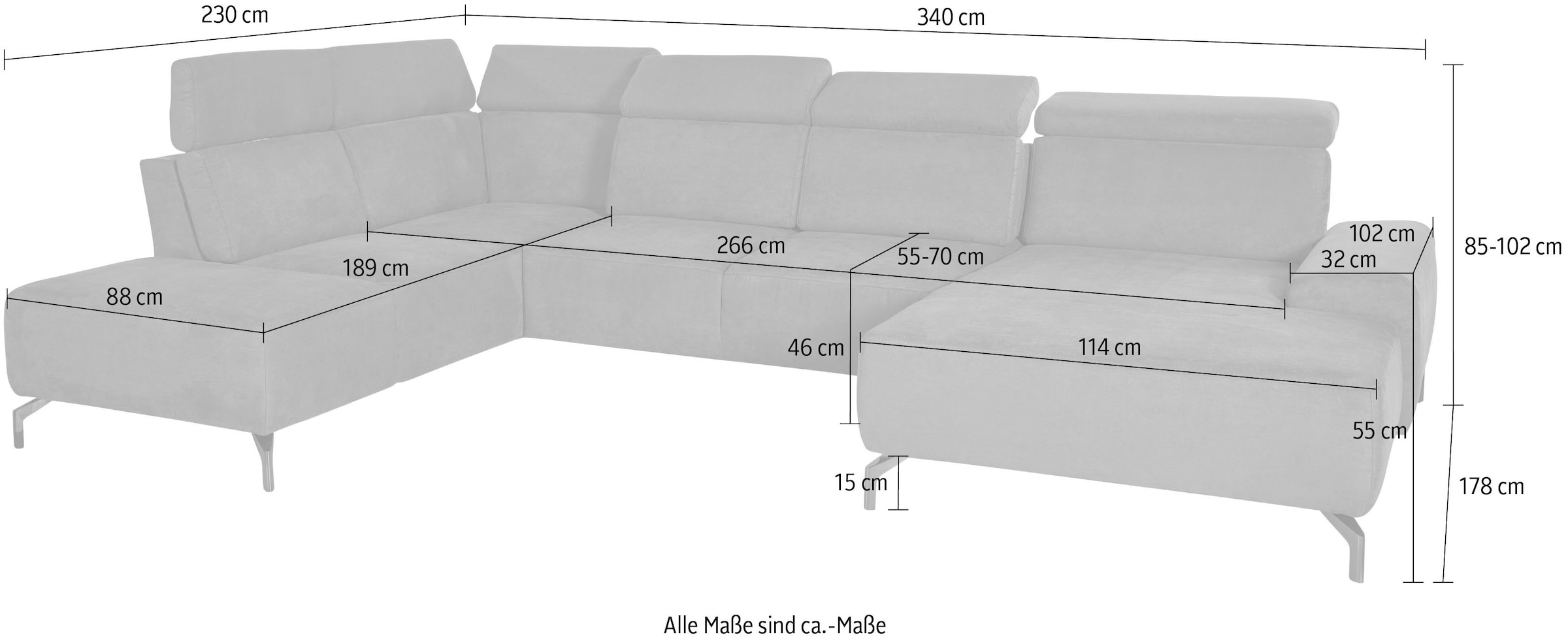 sit&more Wohnlandschaft »Gizeh U-Form«, 15 cm Fußhöhe, inklusive Sitztiefenverstellung und Kopfteilverstellung