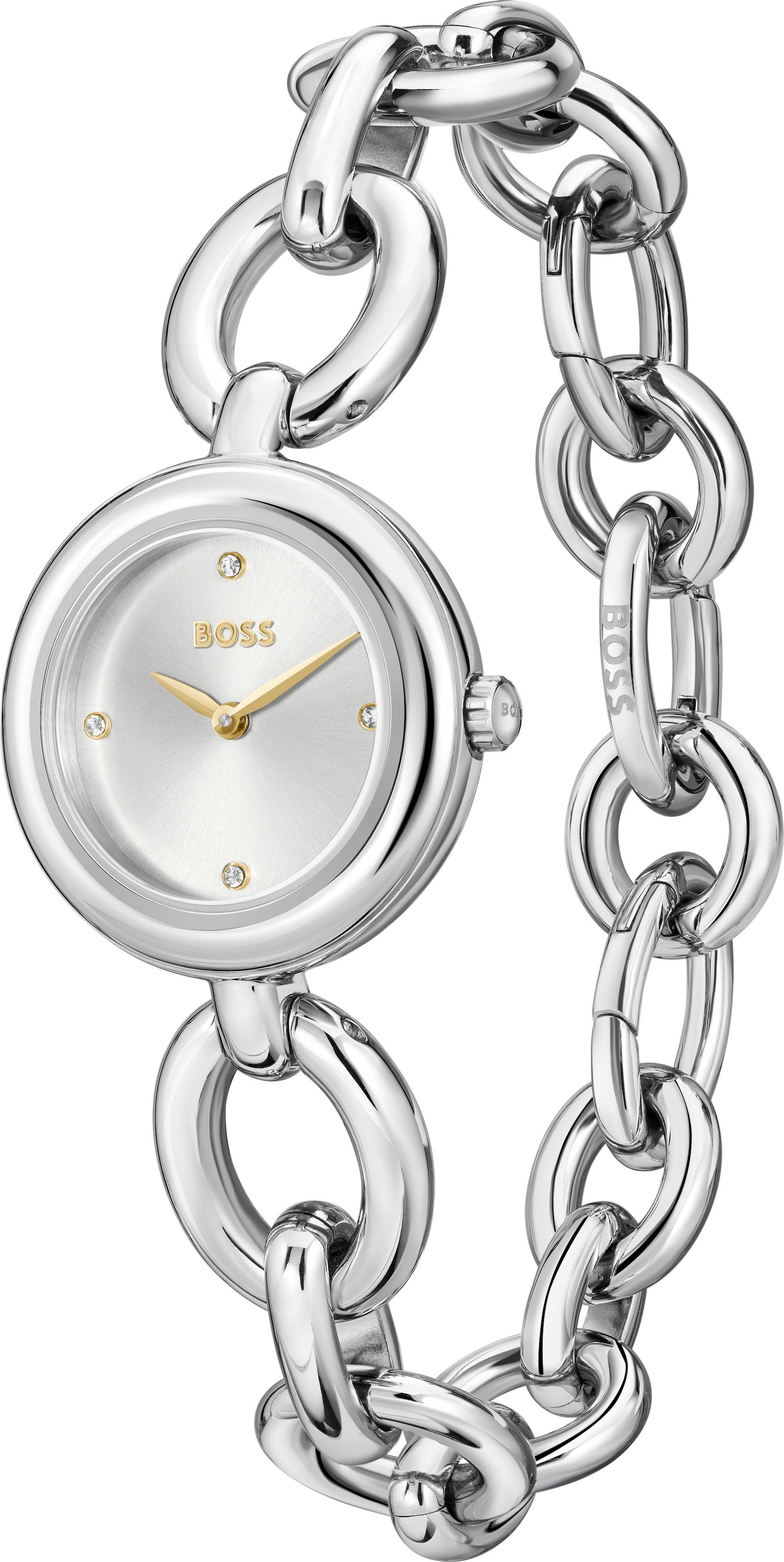 BOSS Quarzuhr »LIVE«, Armbanduhr, Damenuhr, Edelstahlarmband, analog, Glassteine