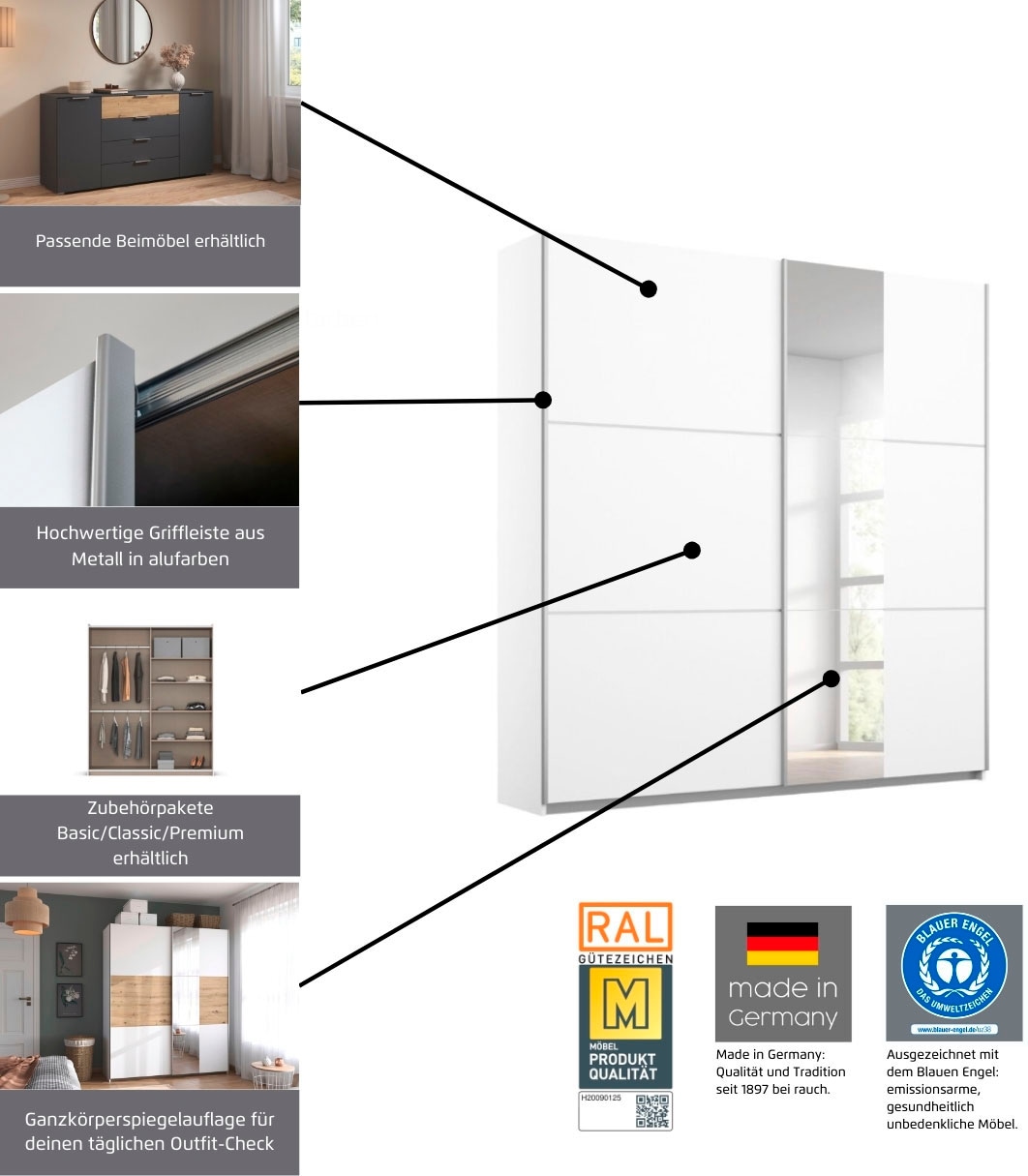 rauch Schwebetürenschrank »Kleiderschrank Schrank Garderobe TOPSELLER ASTANA OTTO´s CHOICE« 3 Ausstattungen BASIC/CLASSIC/PREMIUM, Breiten 175/218/261 cm,  inkl. 2 Stoffboxen sowie Metallgriffleisten TOPSELLER MADE IN GERMANY