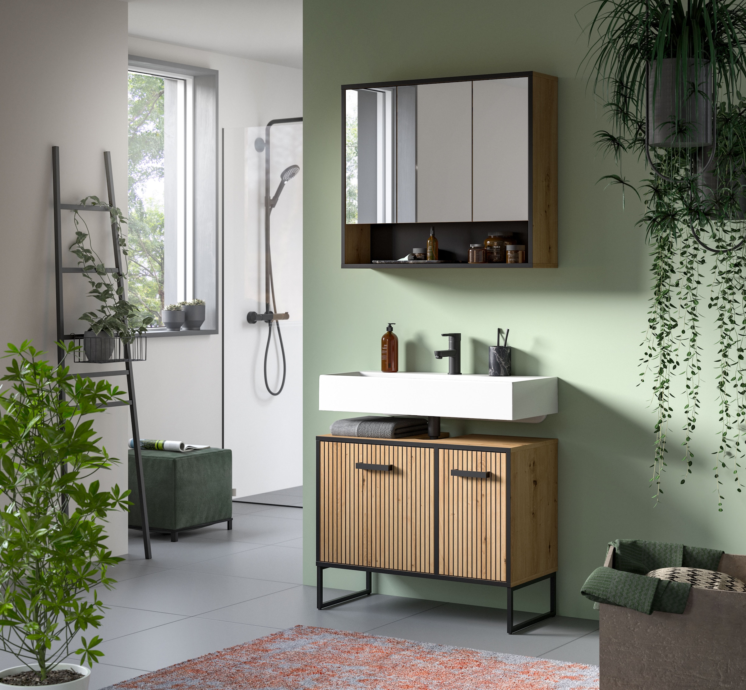 welltime Badezimmer-Set »LOCRI, 2-tlg. Badkombination, Breite 80 cm, Rillenoptik, Metallkufen« bestehend aus: Waschbeckeunterschrank & Spiegelschrank, 2 Stk. tlg.