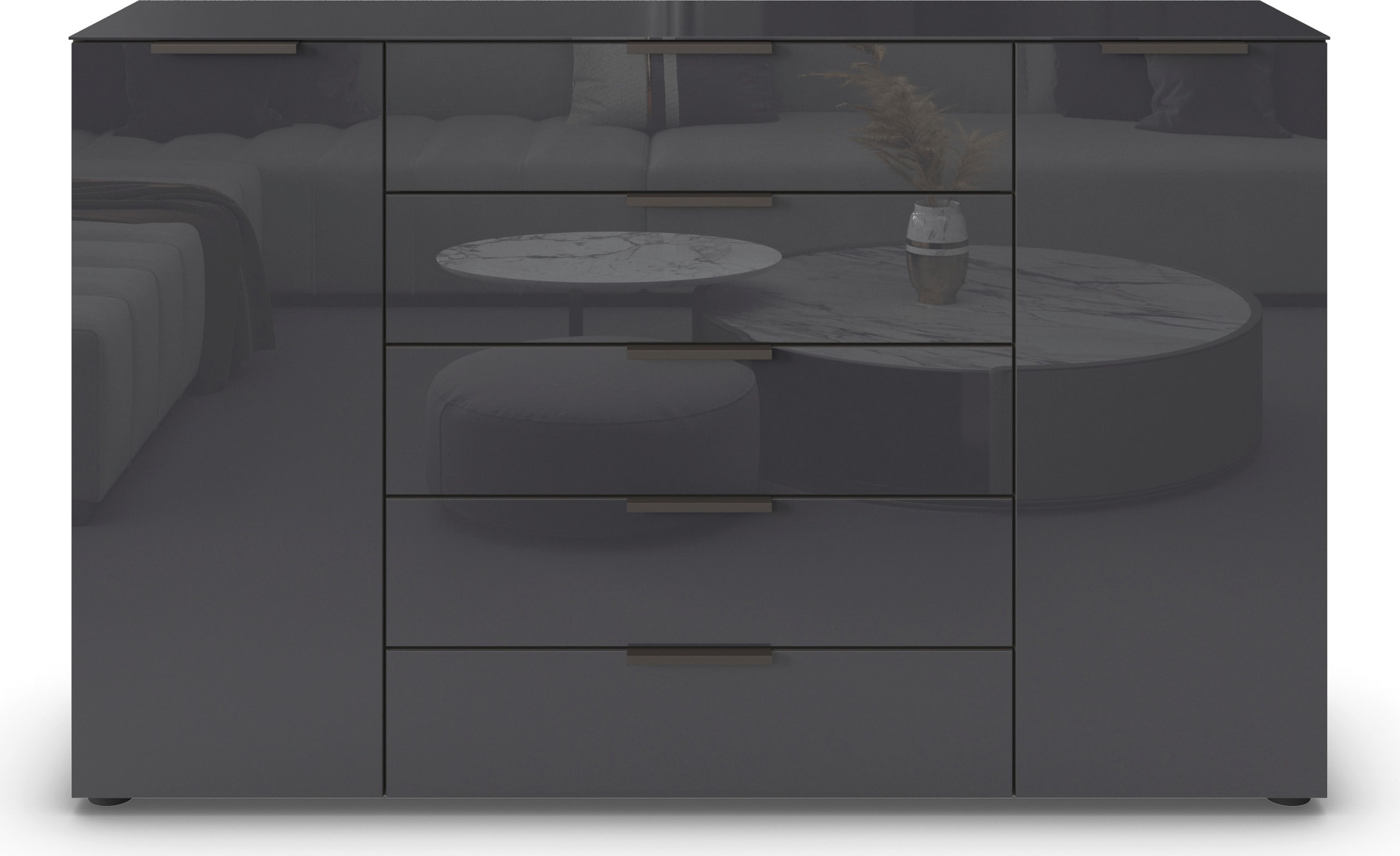 rauch Schubkastenkommode »Kommode Türkommode Sideboard Kombikommode FLIPP mit Glasfront«, (Breite 160/180 cm mit 4 Einlegeböden), 2-türig, 5 Schubladen, Soft-Close, Oberboden und Front Glas, 2 Breiten