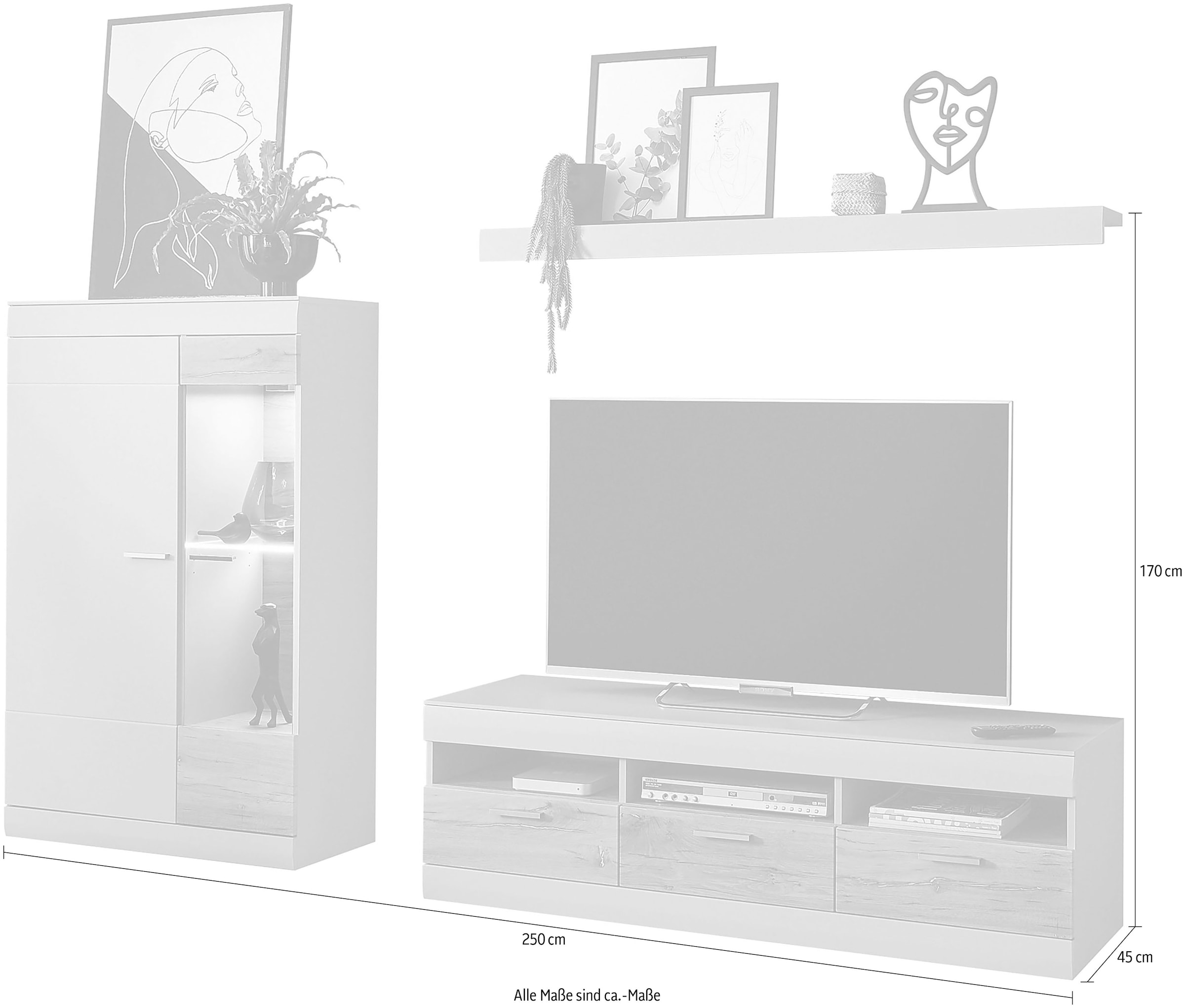 INOSIGN Wohnwand »SCARA«, (3 St.), trendige Farbe mit Applikation Zinneiche Dekor, mit Softclose-Funktion