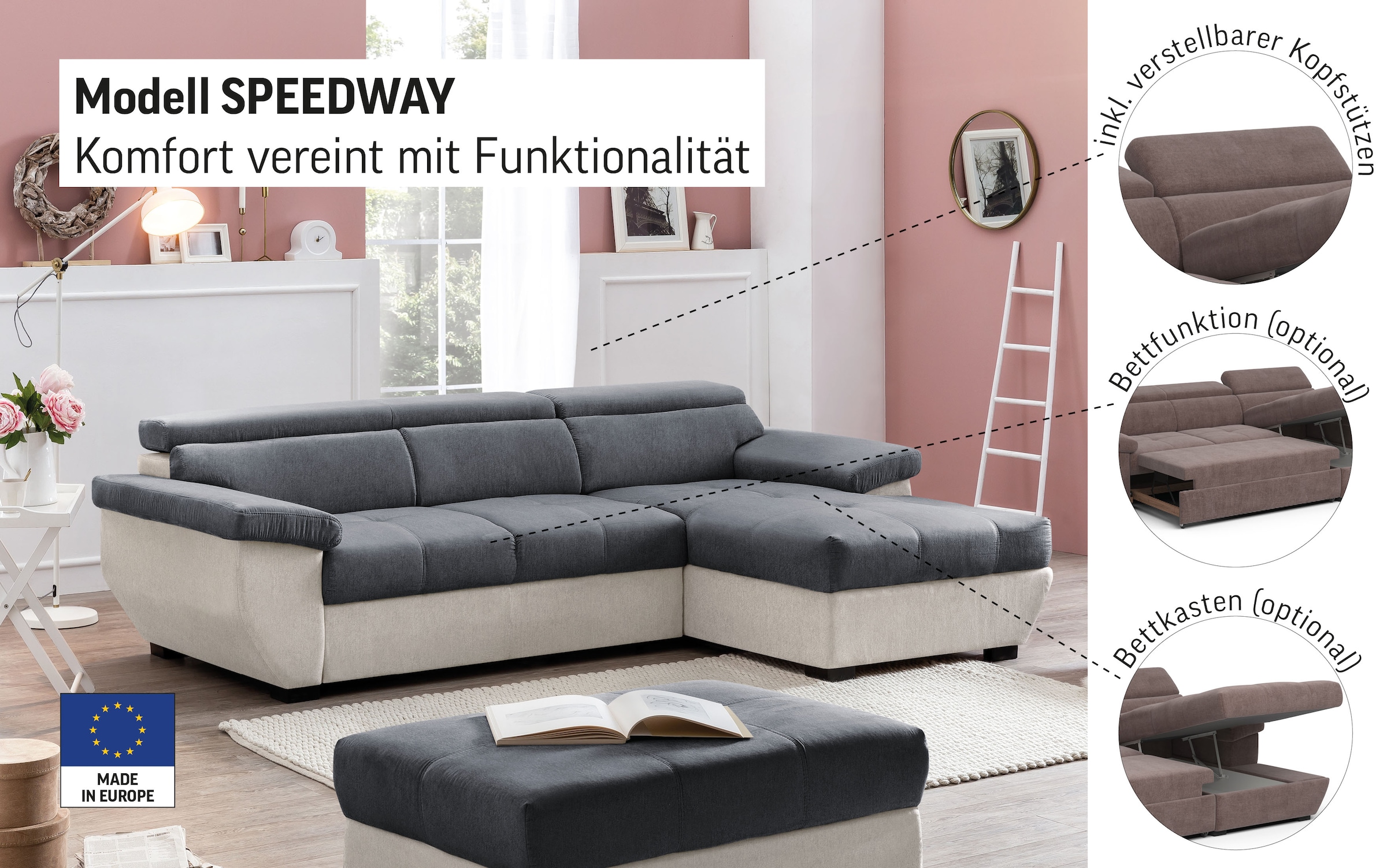 COTTA Ecksofa »Speedway L-Form«, mit Kopfteilverstellung, wahlweise mit Bettfunktion & Bettkasten