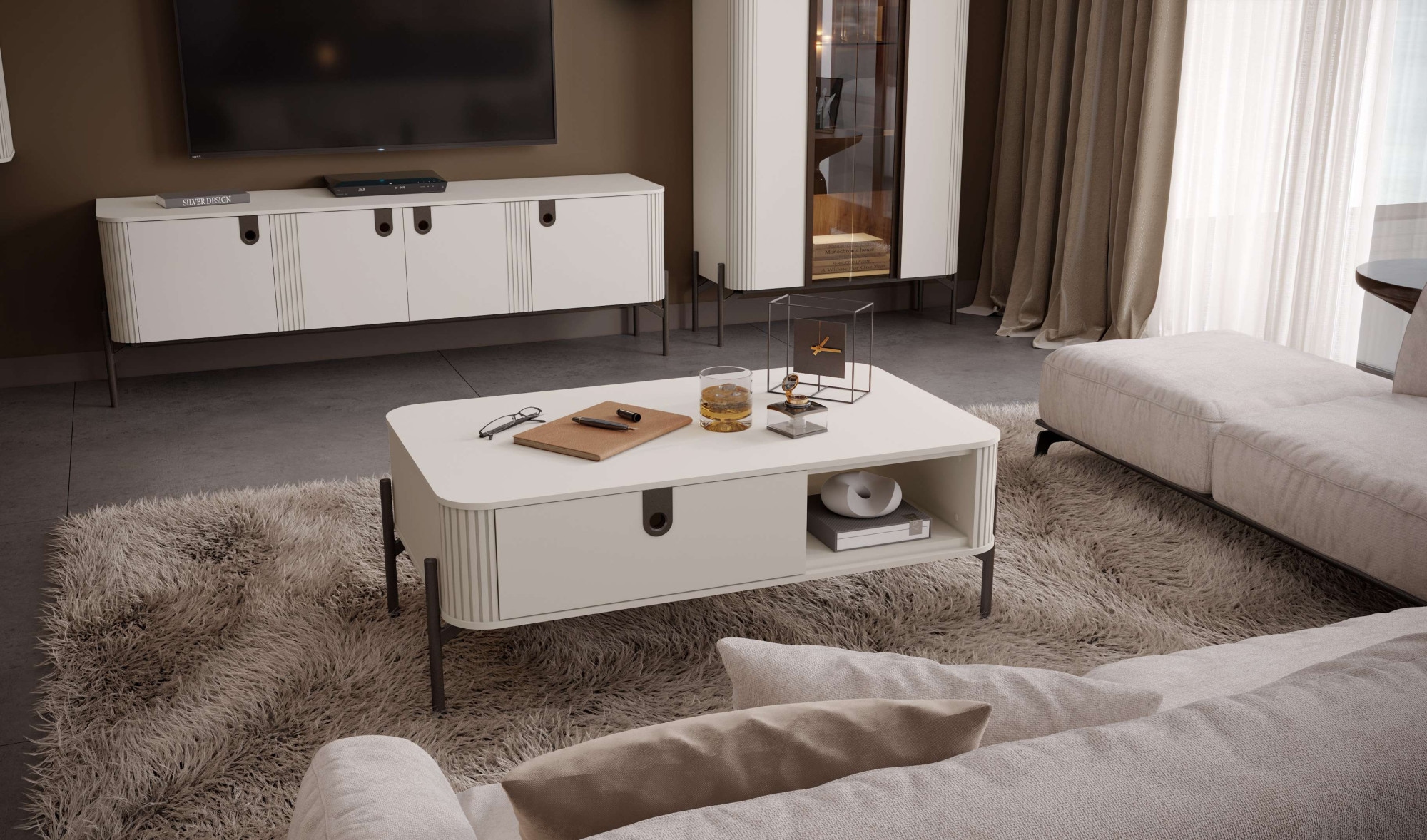 Home affaire Vitrine »Rondo, Showcase, Parsol-Sicherheitsglas, integrierte LED-Beleuchtung« UV lackiert, Soft Close Funktion, Metallrahmen als Basis des Elements