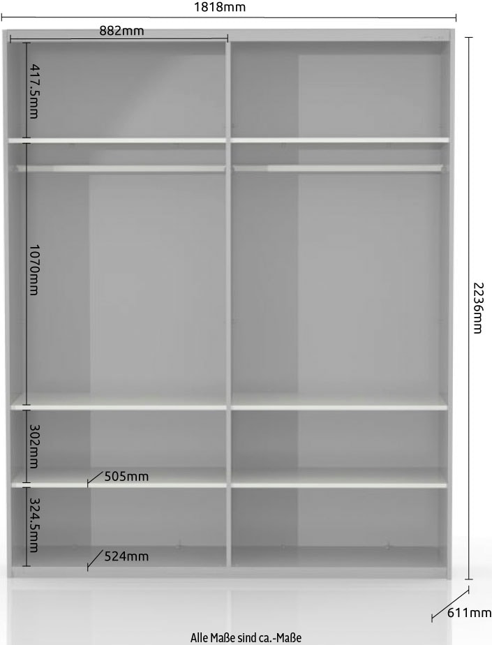 PLACES OF STYLE Schwebetürenschrank »Piano, FSC-zertifiziert, mit Einlegeböden und Kleiderstangen« in 3 Breiten, 224cm hoch, mit verchromten Aufleistungen,  UV lackiert, hochglänzend, mit Soft-Close Funktion, in beige oder weiß