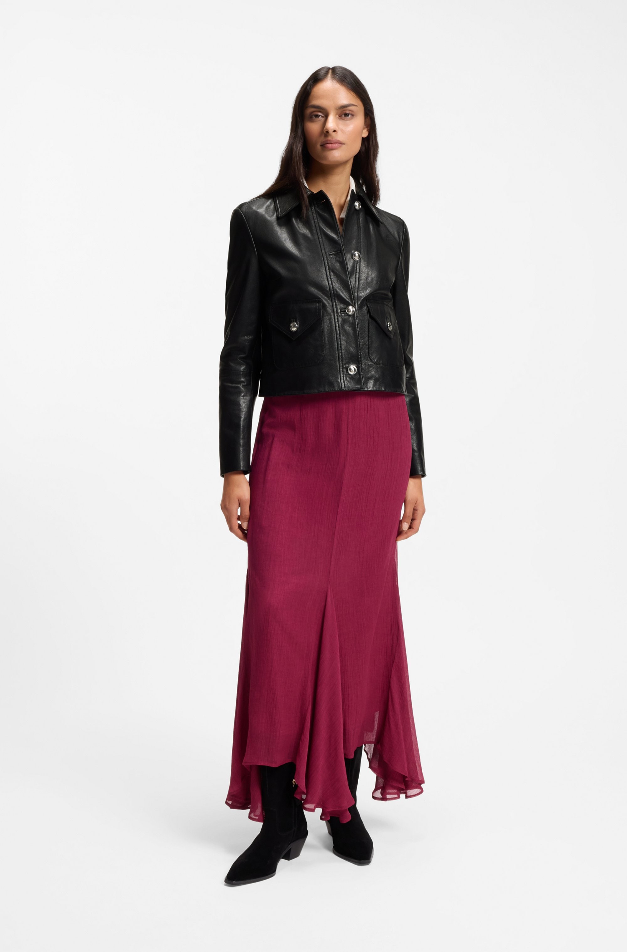 BOSS ORANGE Lederjacke »Sakara Premium Damenmode« mit Spitzkragen und Pattentaschen, Regular Fit