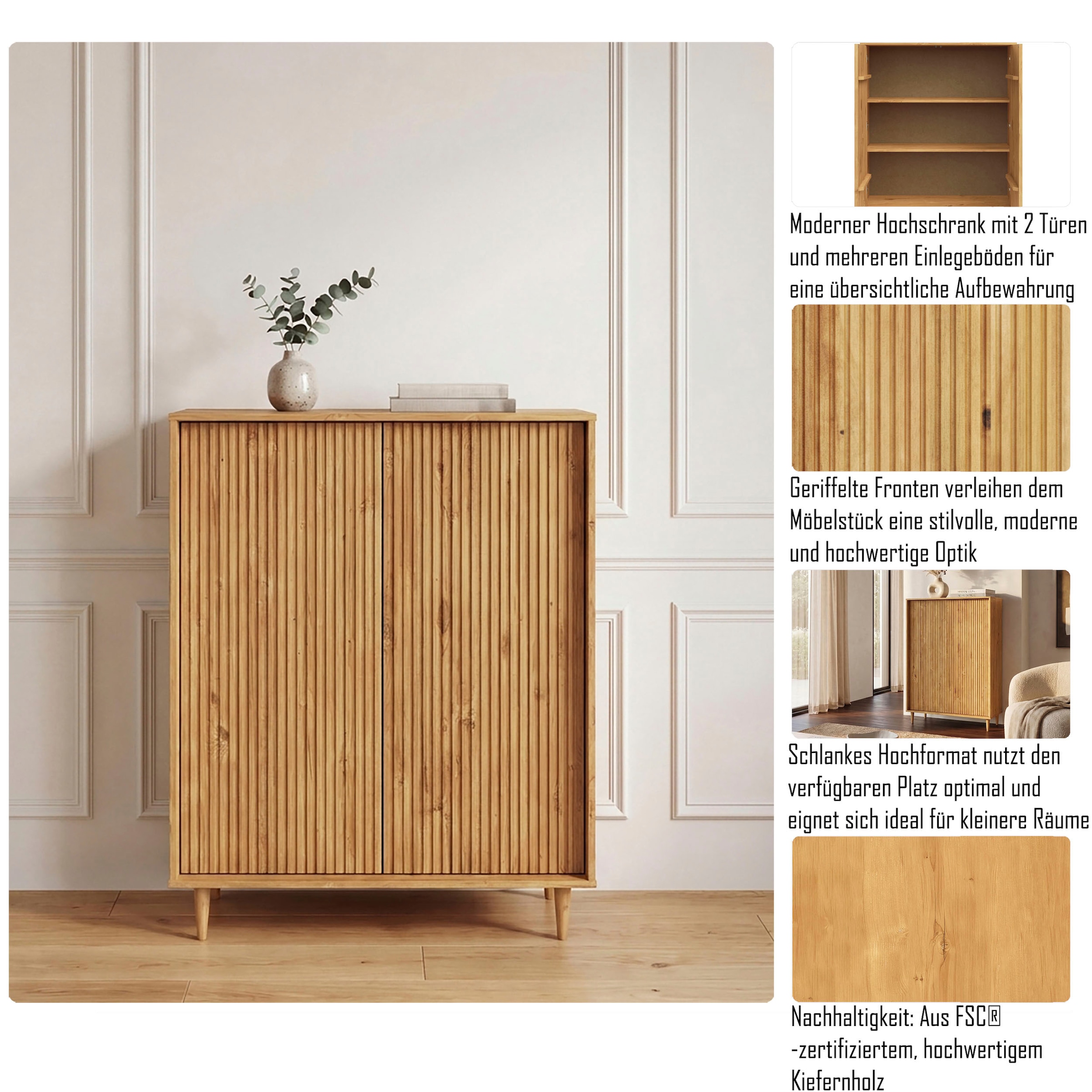 OTTO home Highboard »Malmedy Midischrank mit einer Lamellenoptik und Push to Open Funktion« massives Kiefernholz, Push-to-open Funktion, verstellbare Einlegeböden