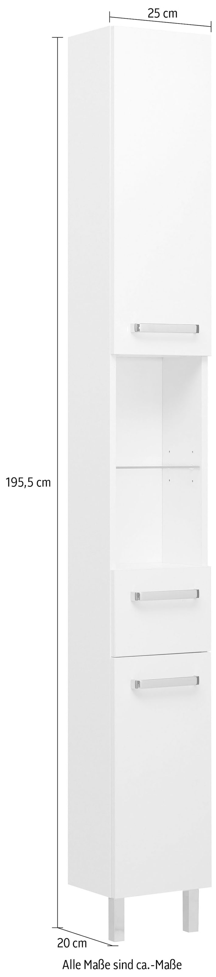 Saphir Hochschrank »Quickset Badschrank 25 cm breit, 2 Türen, 2 Nischen, 1 Schublade«, Badezimmer-Hochschrank inkl. Türdämpfer, Griffe in Chrom glänzend
