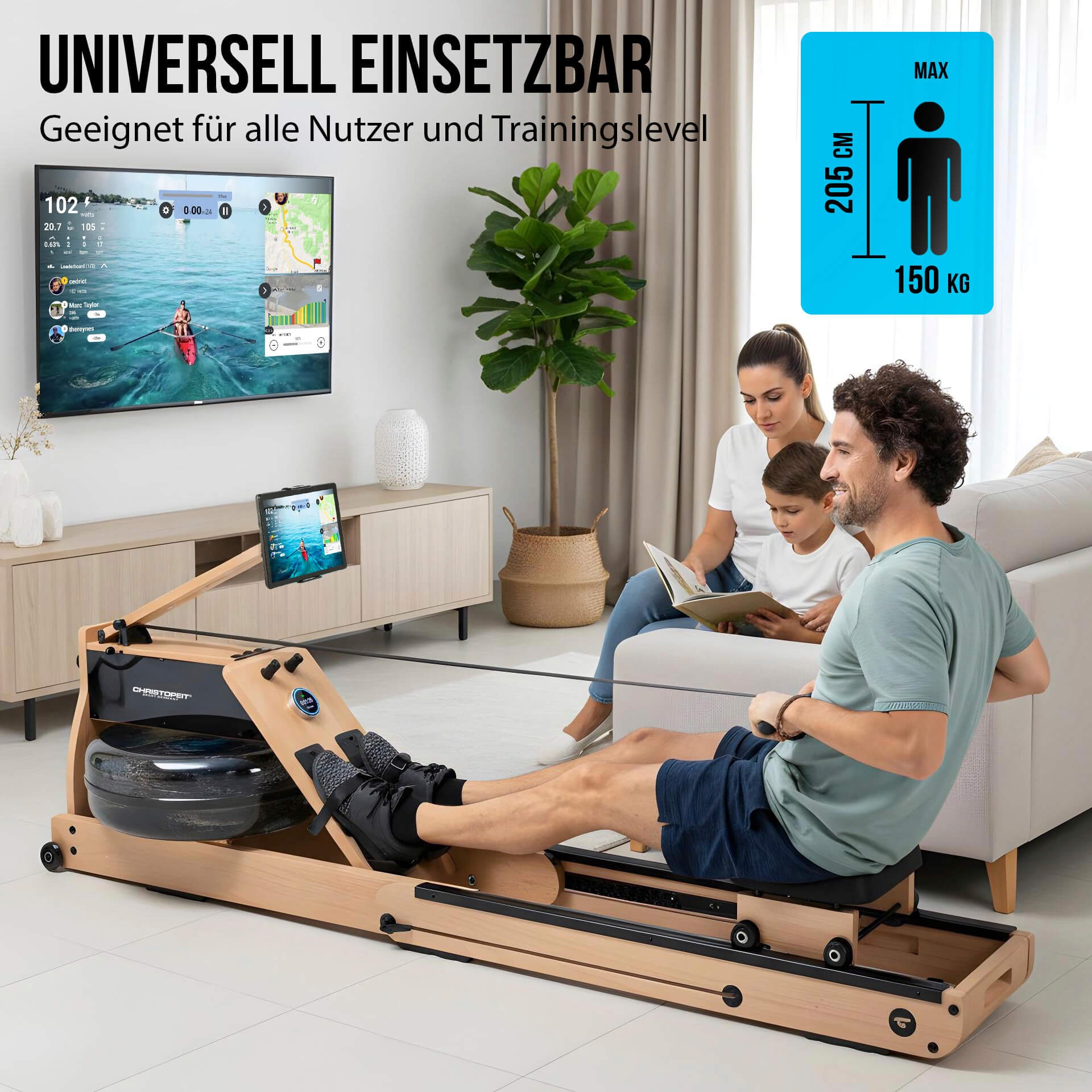Christopeit Sport® Ruderzugmaschine »WP 5000 Wasserrudergerät« Testsieger Stiftung Warentest Ausgabe 1/2025, Rudermaschine, Holz