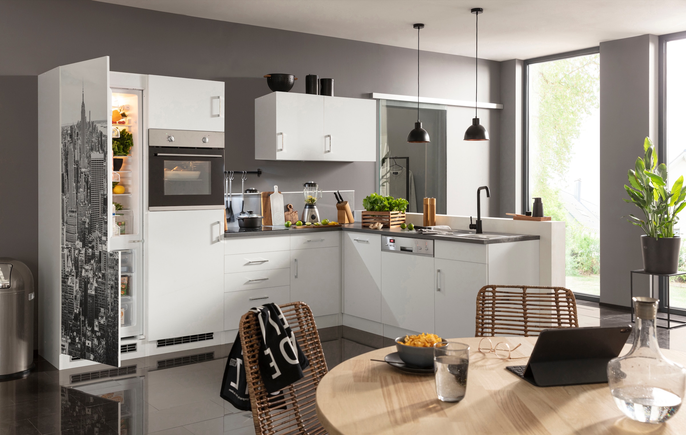 KOCHSTATION Küchenzeile »KS-Paris – Küchen mit einzigartigen Fotomotiven auf den Fronten« Stellbreite 290/220 cm, wahlweise mit E-Geräten und Induktion