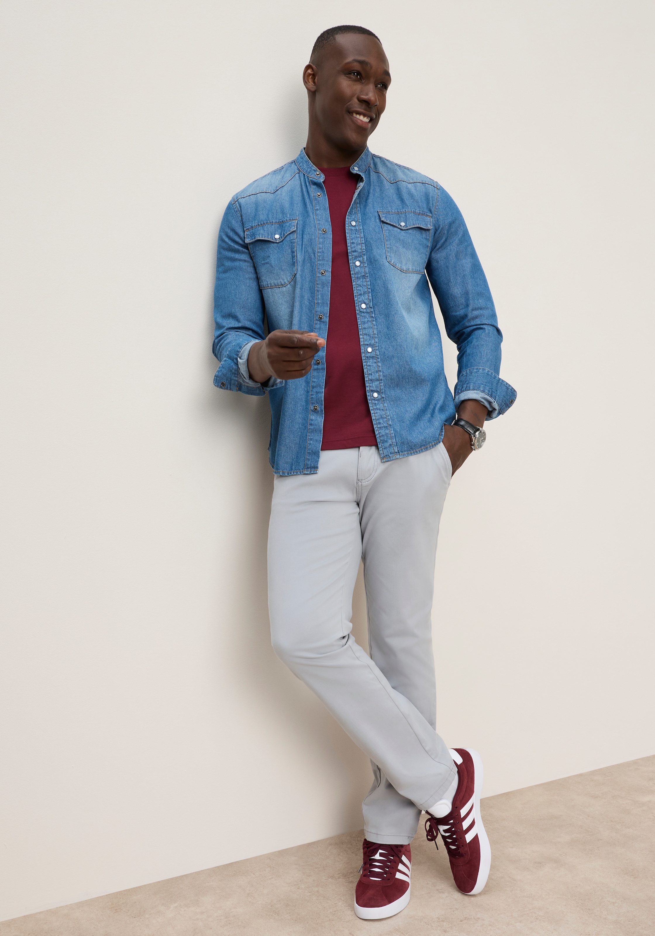 DELMAO Jeanshemd aus Baumwolle in Denim-Qualität, mit Stehkragen