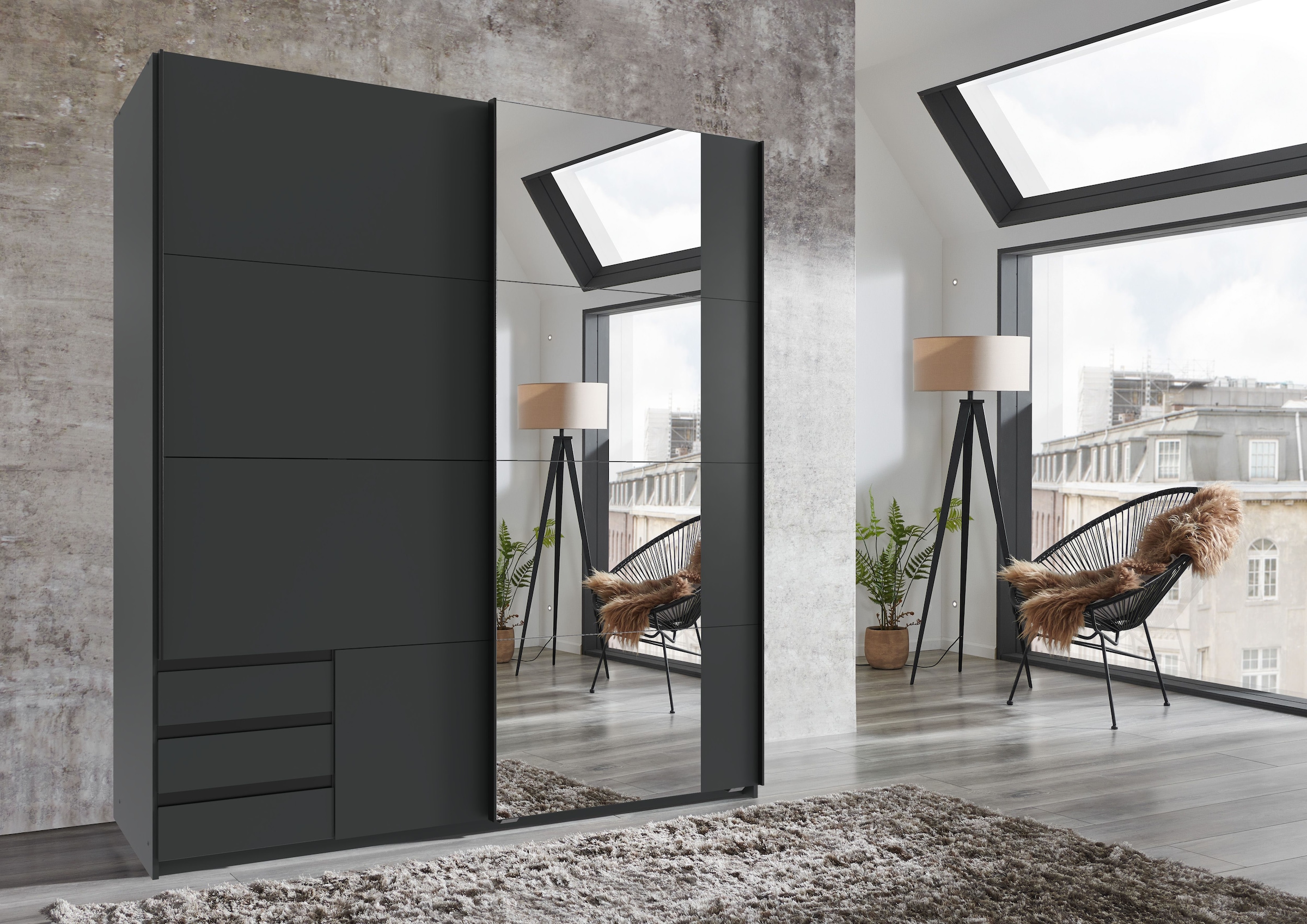 Wimex Schwebetürenschrank »Emden moderner Kleiderschrank mit Spiegel und Schubladen BESTSELLER«, Schlafzimmer Schrank Garderobenschrank mit Schwebetüren Topseller