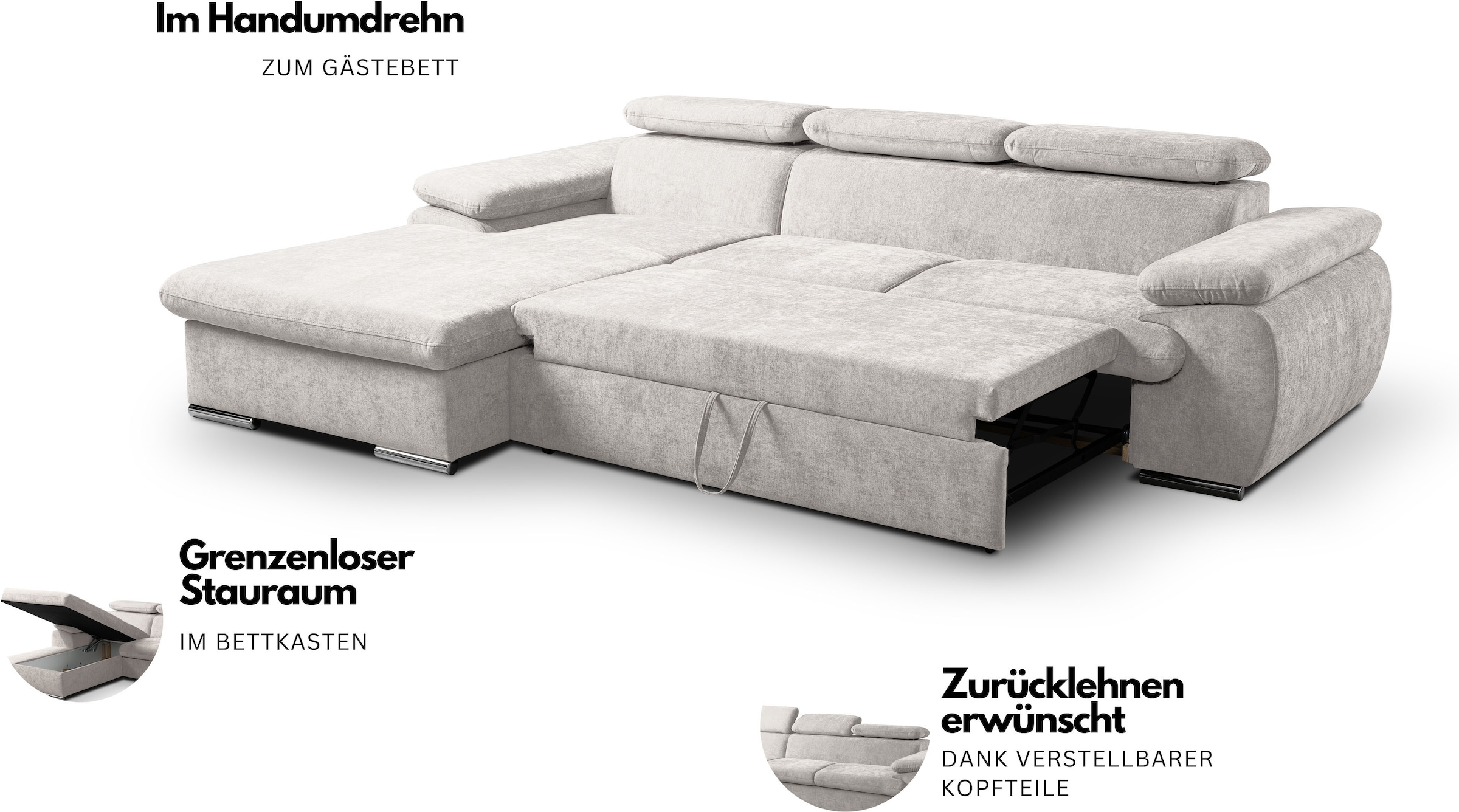 WERK2 Ecksofa »Cosmo 282 x 192 cm modern & bequem, Multifunktionen, Bettfunktion« Chenille, L-Form, XXL, Schlaffunktion, Bettkasten