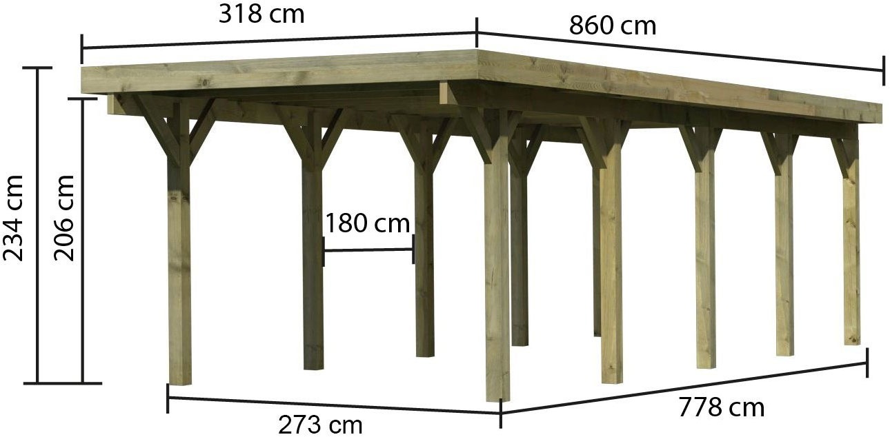 Karibu Einzelcarport »»Classic 3 SET« PVC-Dach Variante A, kesseldruckimprägniert«, Masivholz, 250 cm, KDI, aus Masivholz