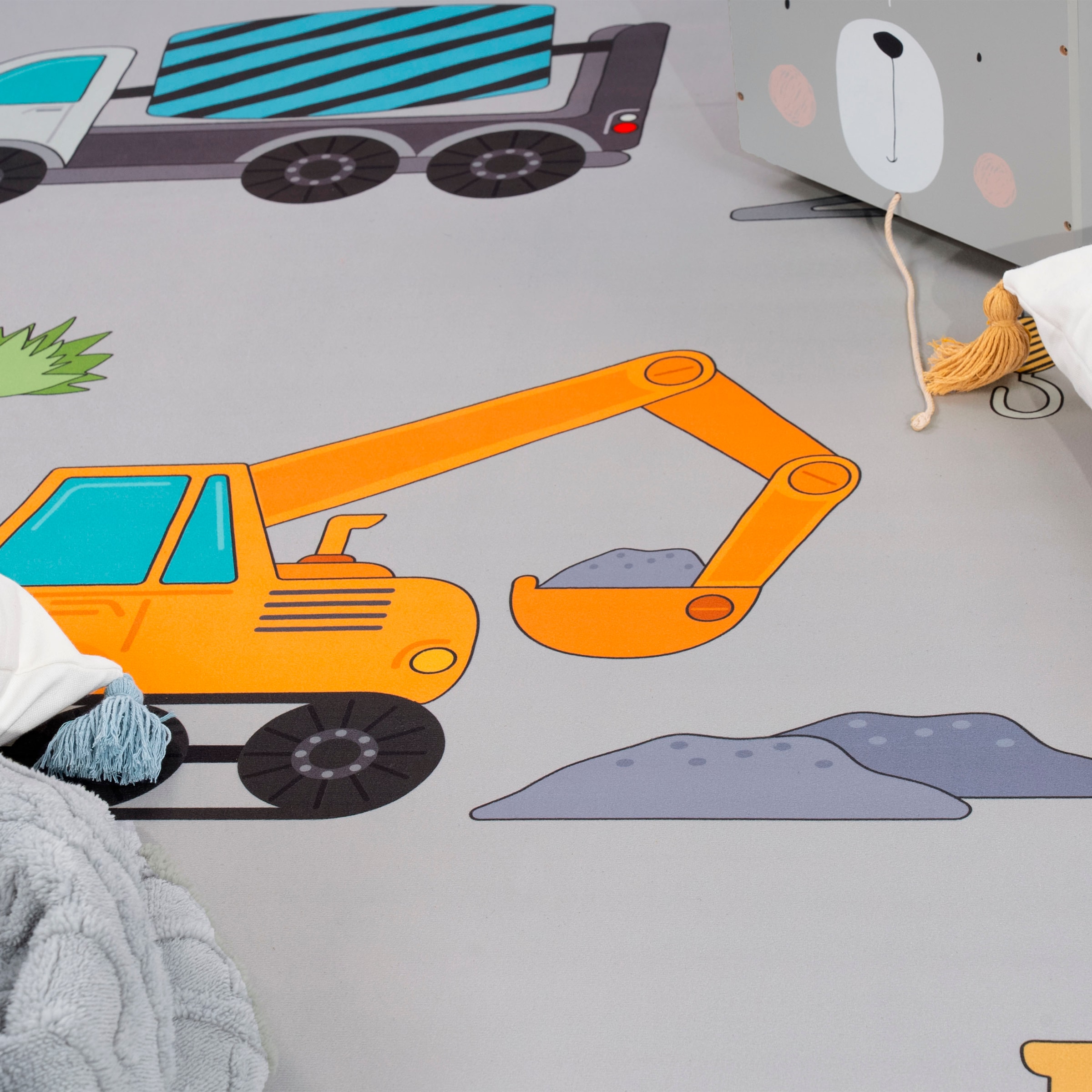 Paco Home Kinderteppich »Bino 579«, rund, 4 mm Höhe, Spielteppich, Motiv Autos & Baustelle, Kinderzimmer