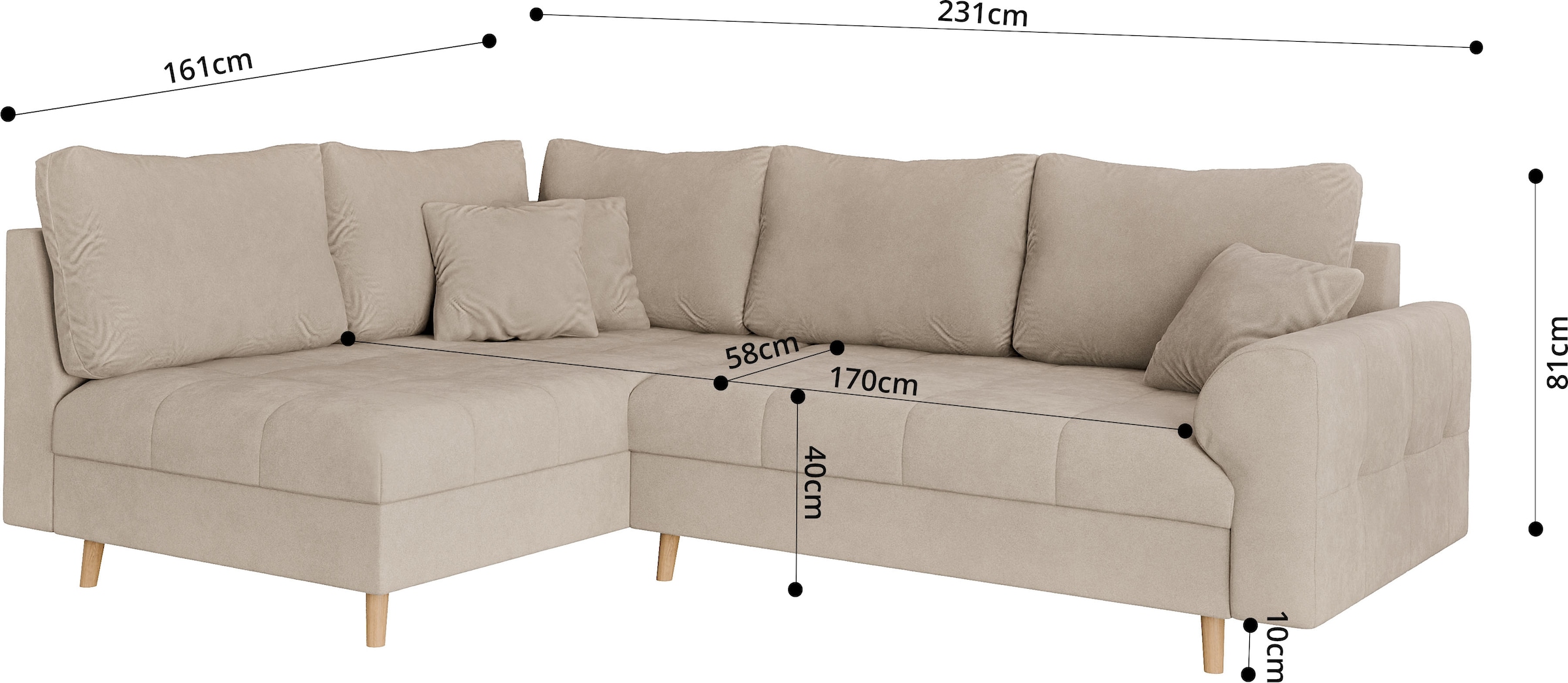 Home affaire Ecksofa »CHARRE L-Form mit Ottomane, Maße B/T/H: 231/161/81 cm«, feine Steppung, lose Rücken- und Zierkissen, auch in Cord und Bouclé