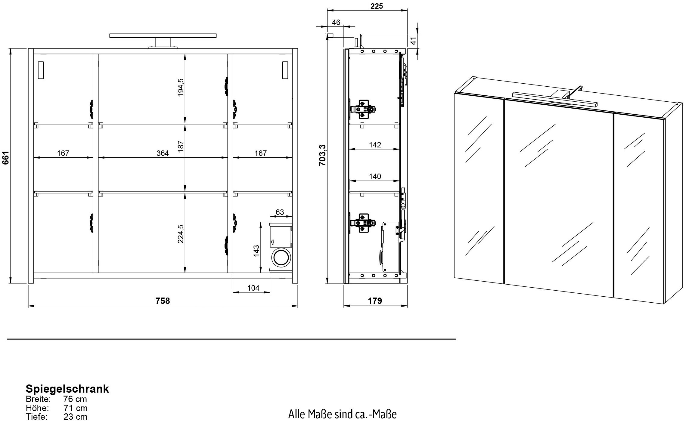 GERMANIA Badmöbel-Set »Torrance«, (3 St.), Waschbecken-Unterschrank, Spiegelschrank mit Beleuchtung, Hochschrank