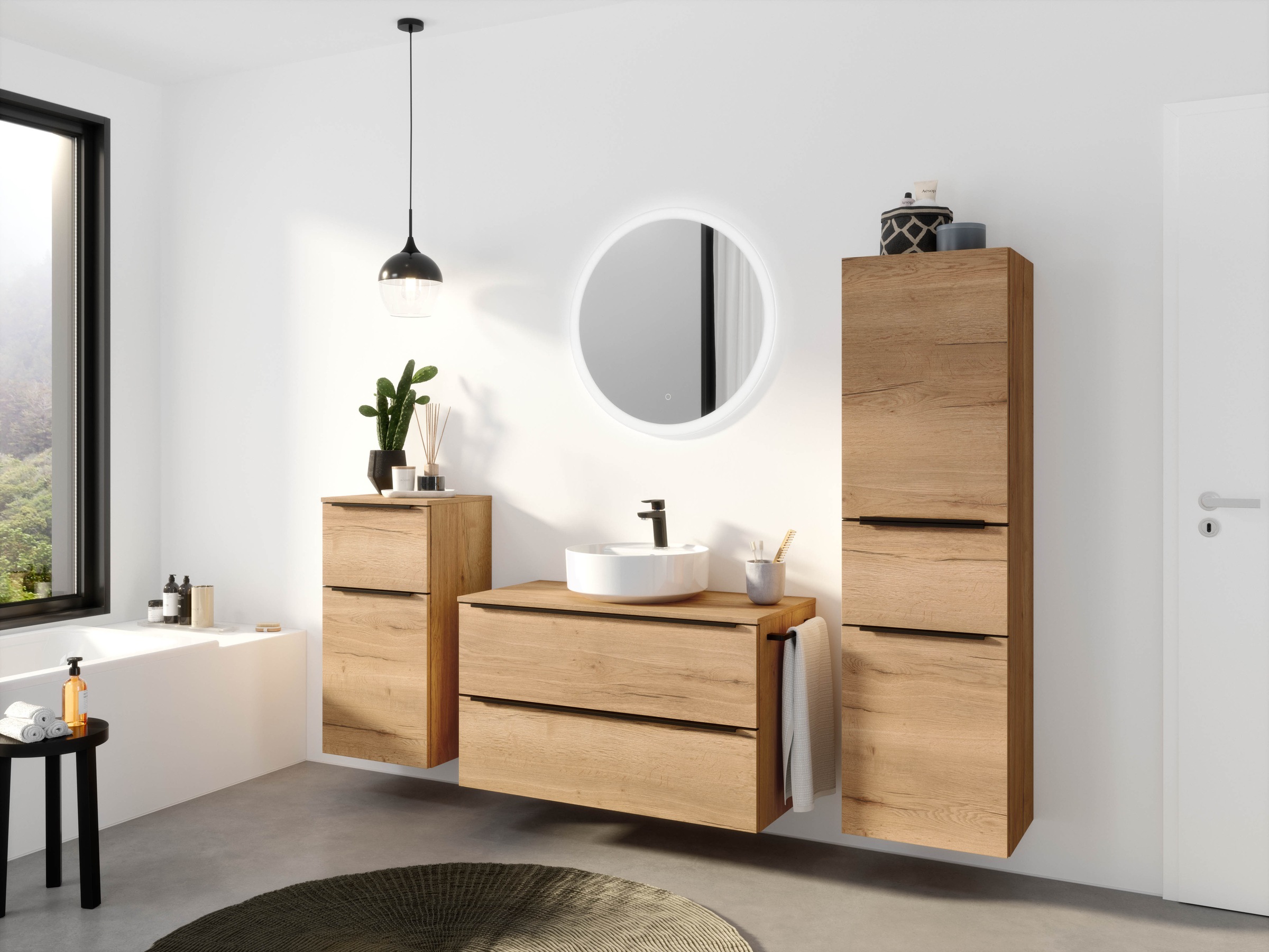 nobilia® Badmöbel-Set »Alvene«, (4 St., vormontiert, mit Soft-Close), inkl. Spiegel mit Touch-Sensor, in vier Breiten