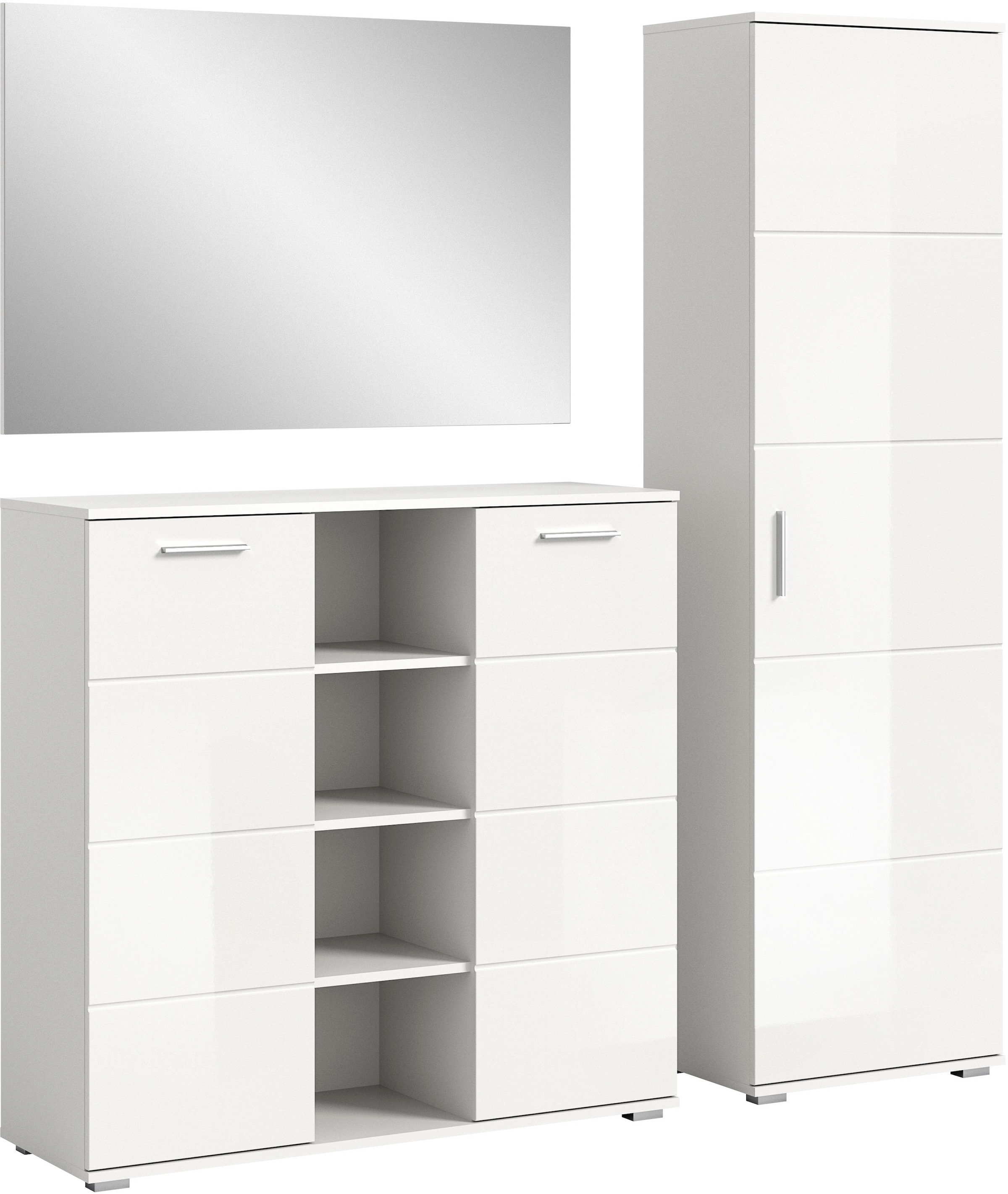 INOSIGN Garderoben-Set »Valge, Breite 180 cm inkl. 15cm Typenabstand, 3-tlg. Set, best. aus:«, (3 St.), Highboard, Garderobenspiegel und Garderobenschrank
