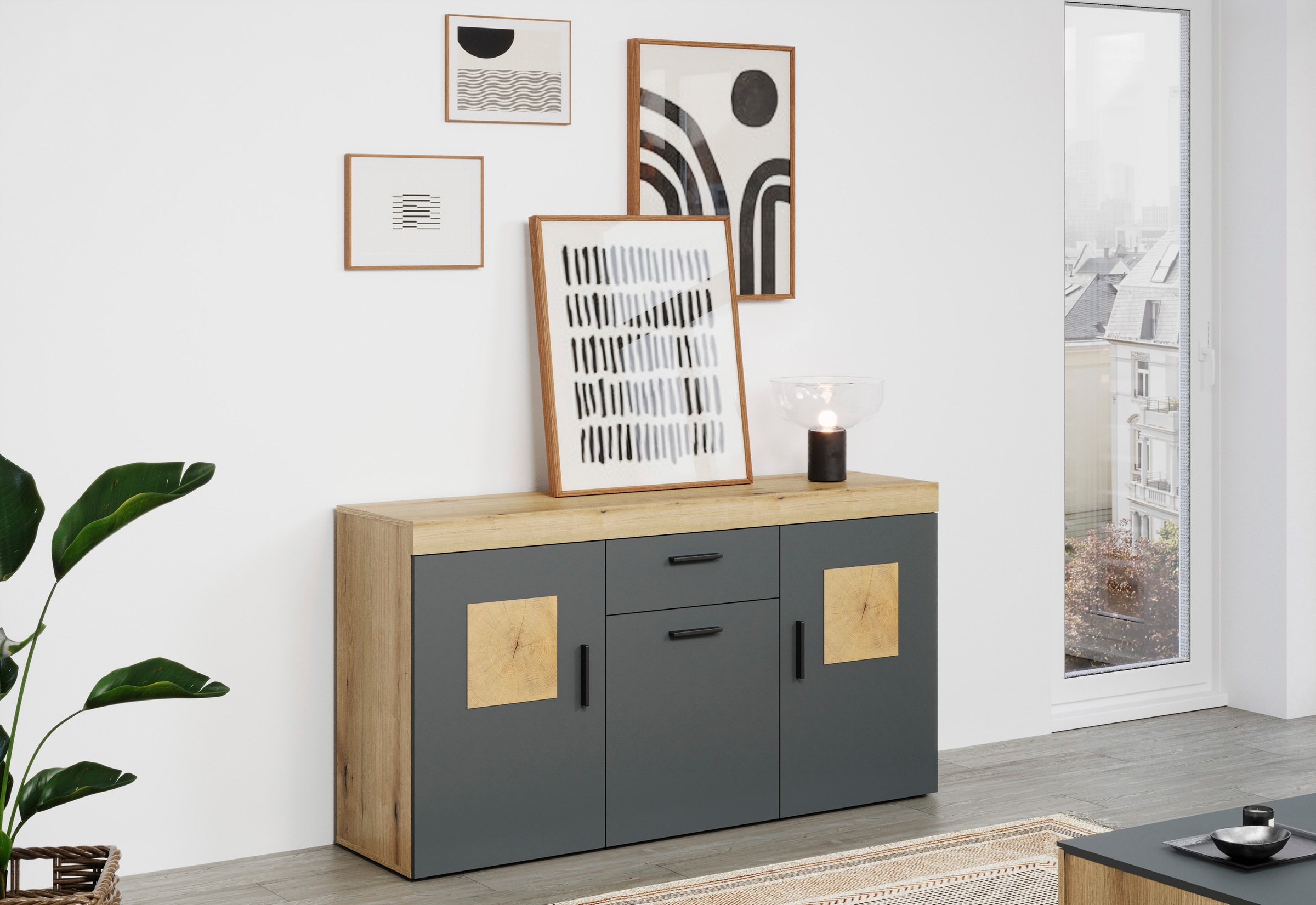 Home affaire Sideboard »Ghent«, (Packung, 1 St.), Kommode mit Hirnholzapplikationen - (B/T/H): 160/42/86 cm