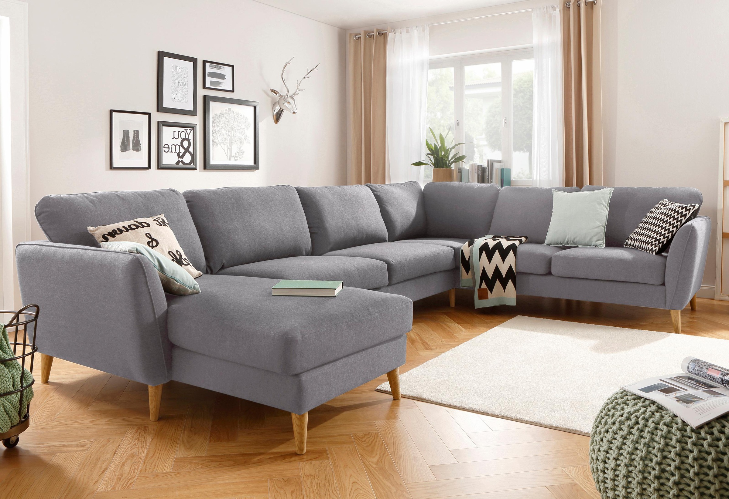 Home affaire Wohnlandschaft »MARSEILLE XXL 349cm, U-Form, Ottomane rechts/links wählbar«, Massivholzbeine Eiche, Landhausstil, Wellenunterfederung