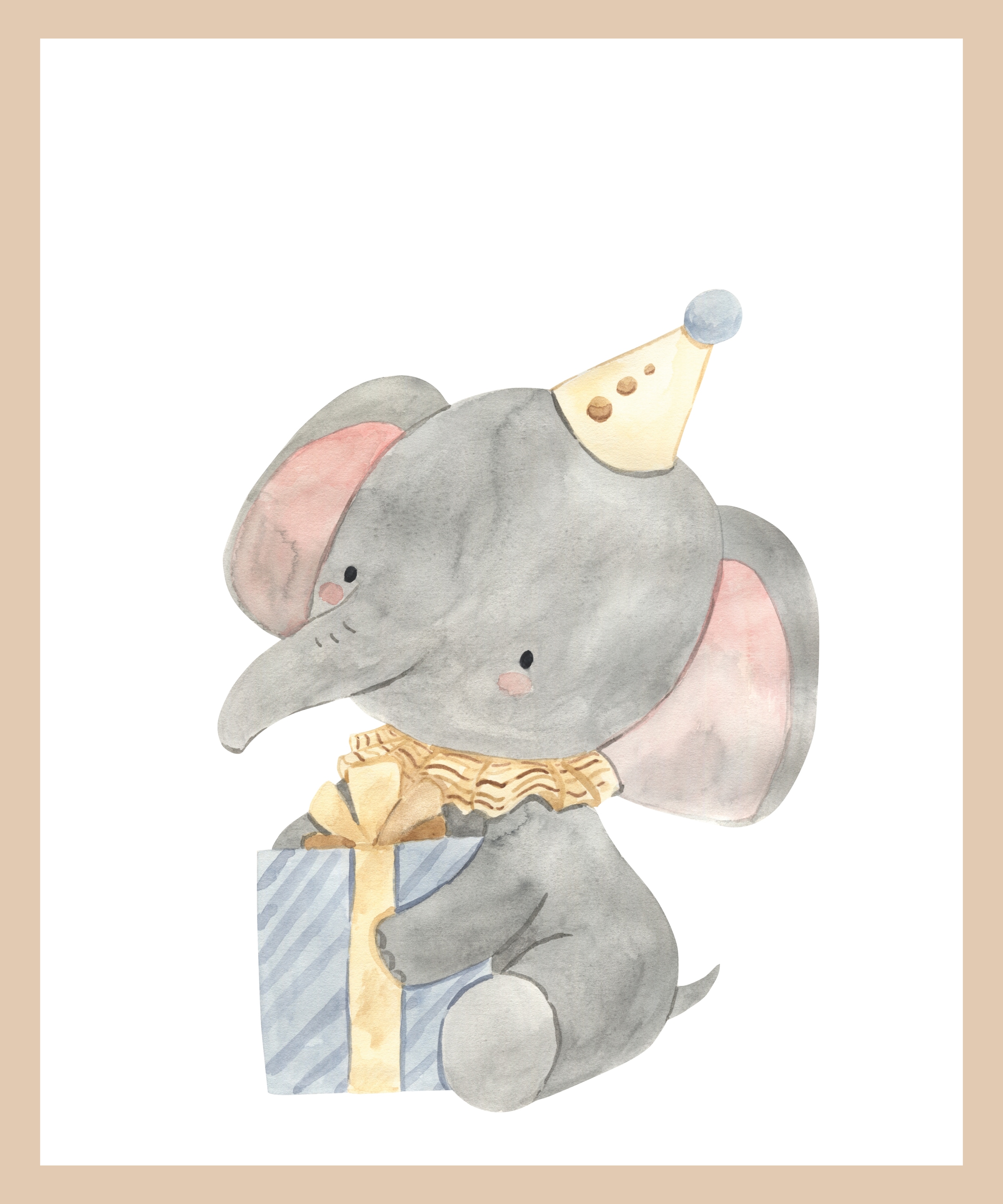 Lüttenhütt Bild mit Rahmen »Elefant mit Geschenk und Partyhut«, Elefant-Elefanten Bilder-Elephant-Fantasy-Tiere, (1 St.), Premium Rahmenbild, Motive in wunderschönen Pastelltönen