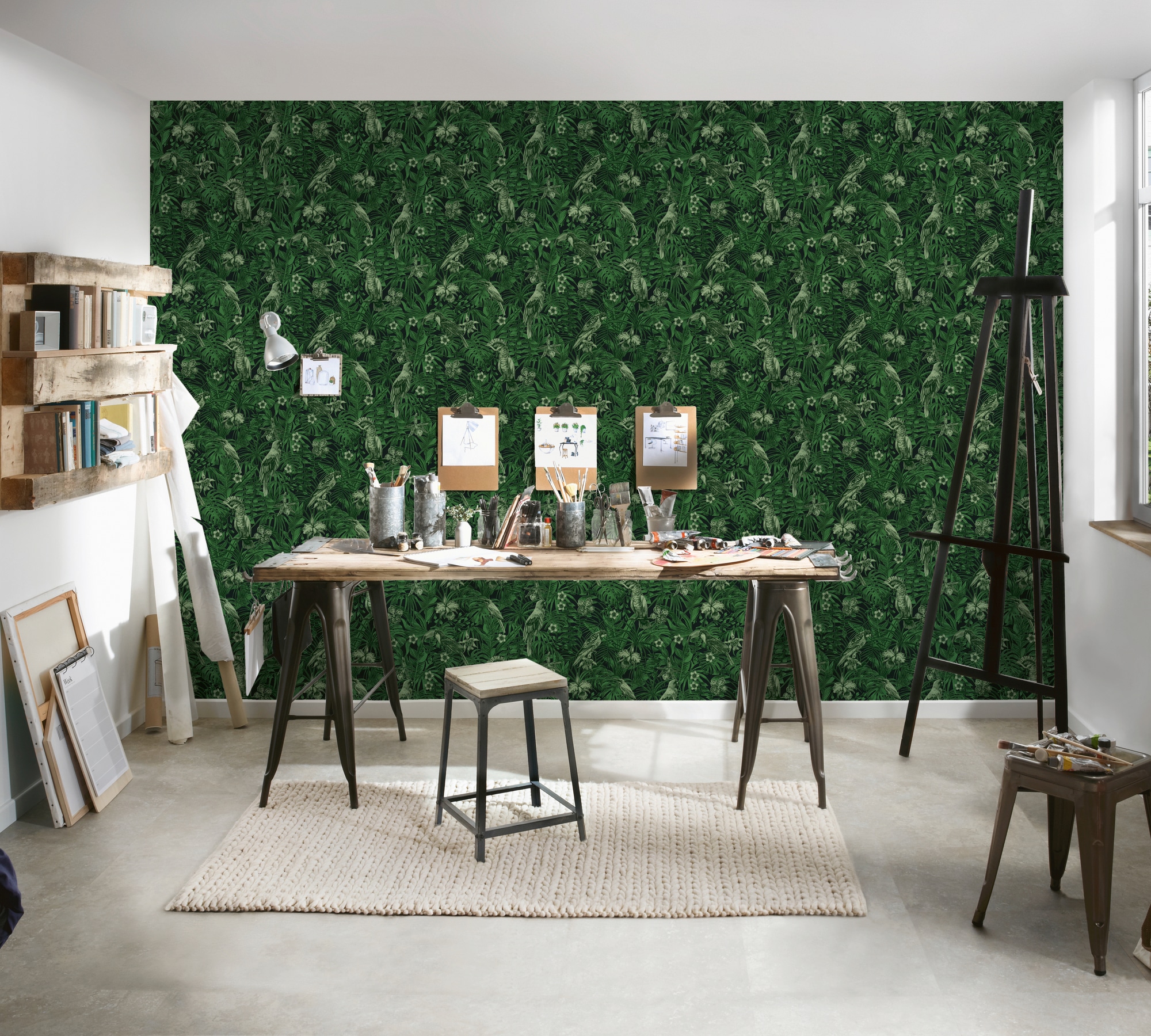 A.S. Création Vliestapete »Greenery mit Palmenprint in Dschungel Optik«, floral-botanisch-Wald, Vogeltapete Tapete Dschungel Tapeten Wohnzimmer Schlafzimmer Küche
