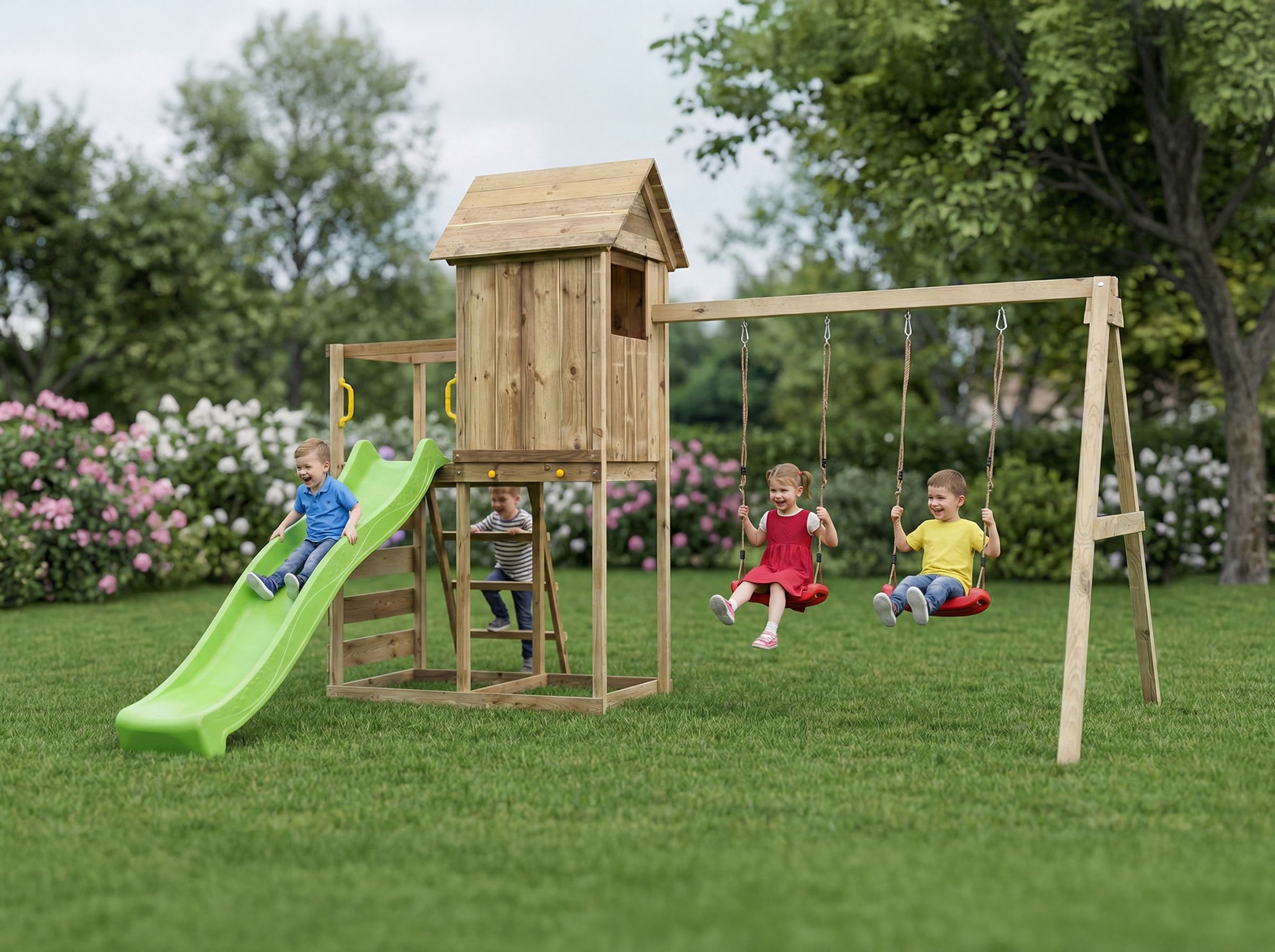 FUNGOO Spielturm »MaxPlay 5« mit Spielhaus, Rutsche, Doppelschaukel, Kletterwand