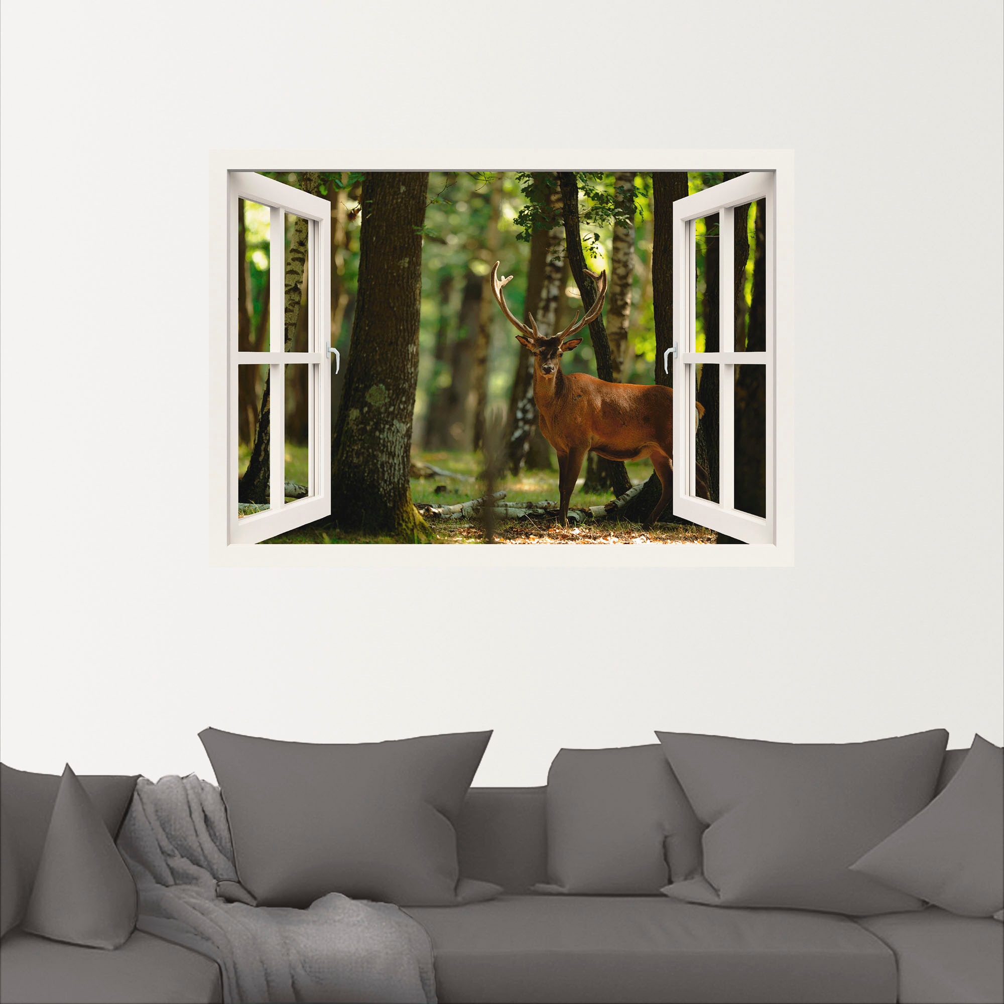 Artland Wandfolie »Fensterblick - Hirsch 4 - Wald«, Fensterblick, (1 St.), selbstklebend